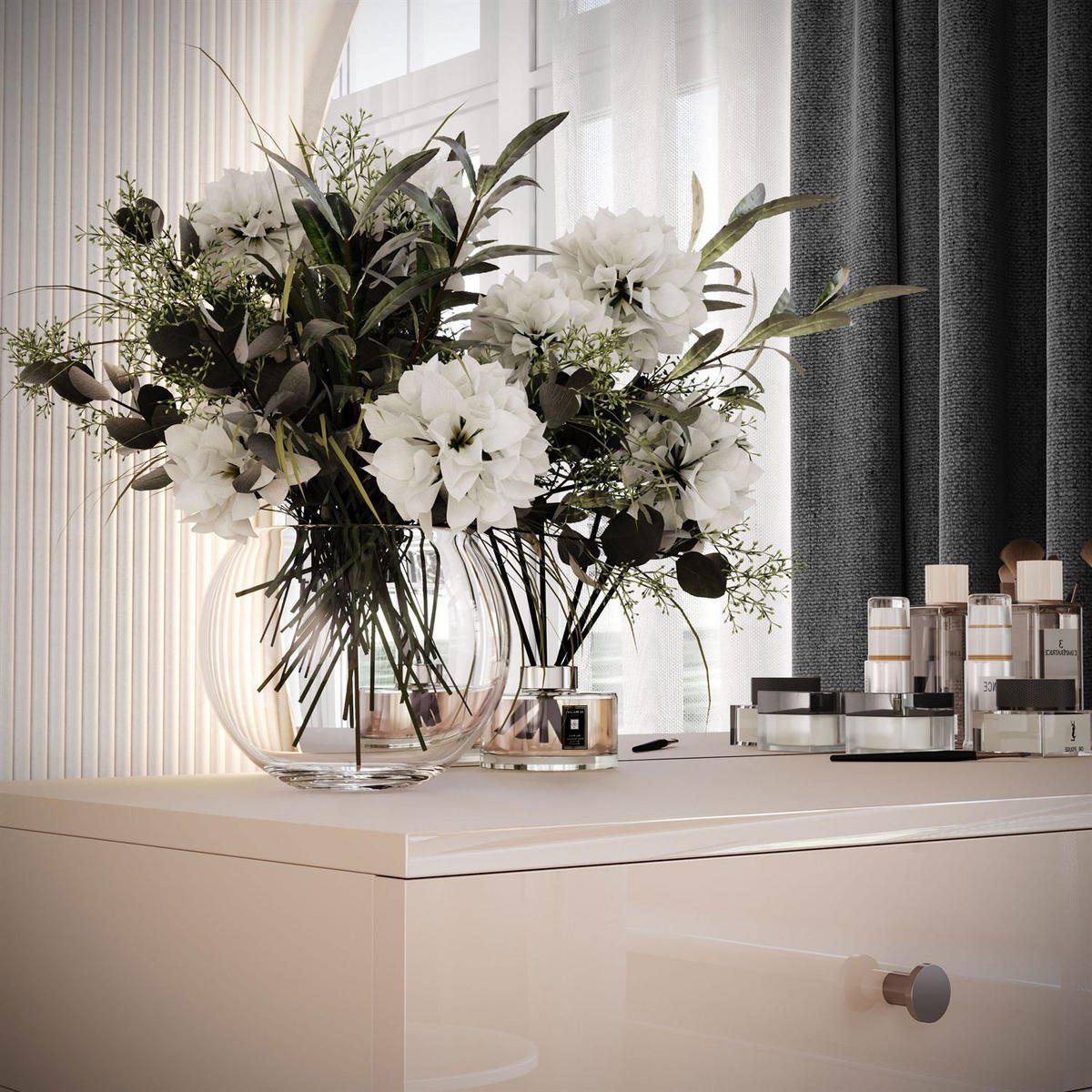 SCHMINKTISCH QUINNIE KASCHMIR mit LED-Spiegel Chrom links silber Griff - Kaschmir/Silberfarben, Holzwerkstoff (100/175/42cm) - Lookway