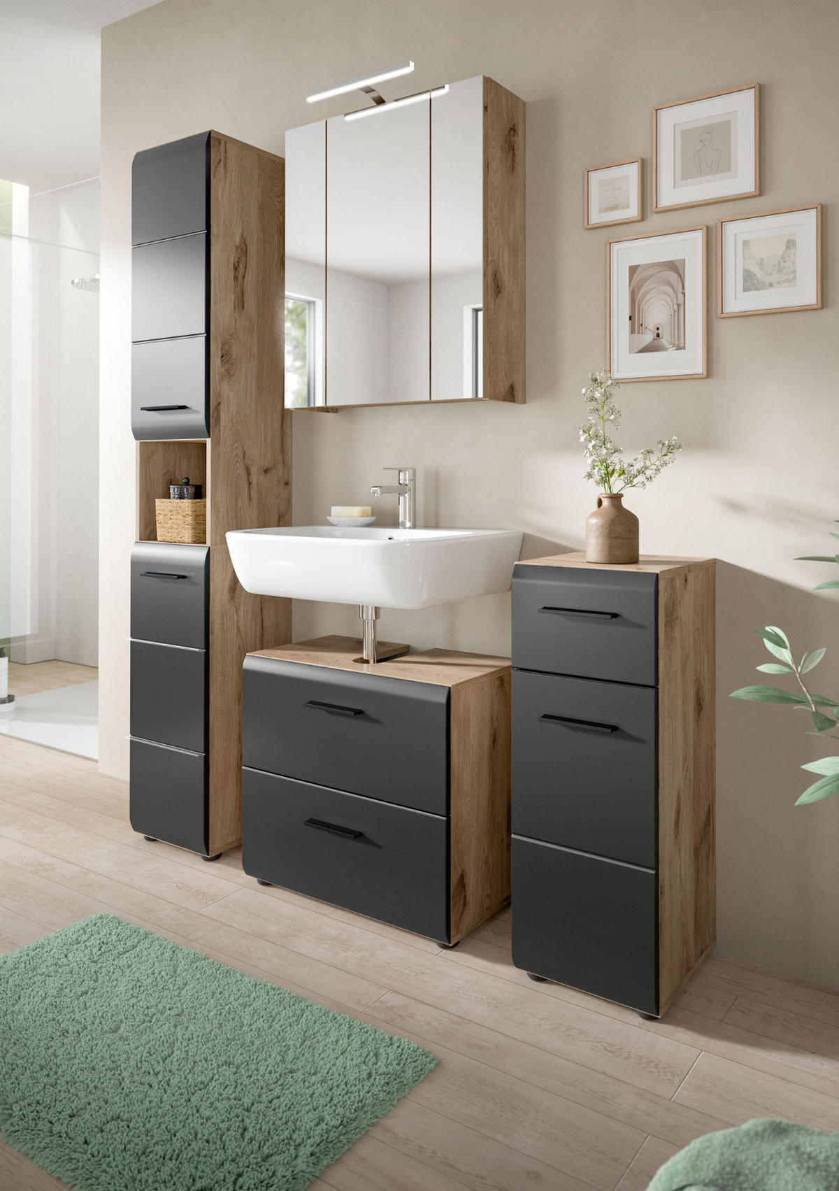 BADMÖBEL-SET 4-teilig Schwarz matt, Eiche Nox 150 x 185 cm, mit viel Stauraum und Vollauszug - Eichefarben/Schwarz, Glas/Holzwerkstoff (150/185/30cm) - Inn.Furn