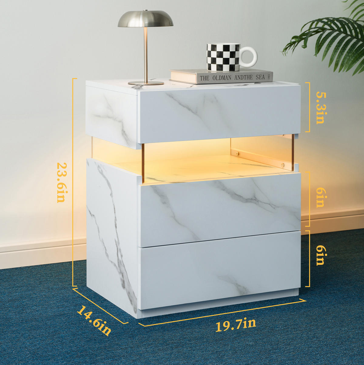 NACHTTISCH in Mattweiß mit 3 Schubladen und LED-Beleuchtung,48/38/61 cm - Weiß, Holzwerkstoff (38/61/48cm) - Flora Grace