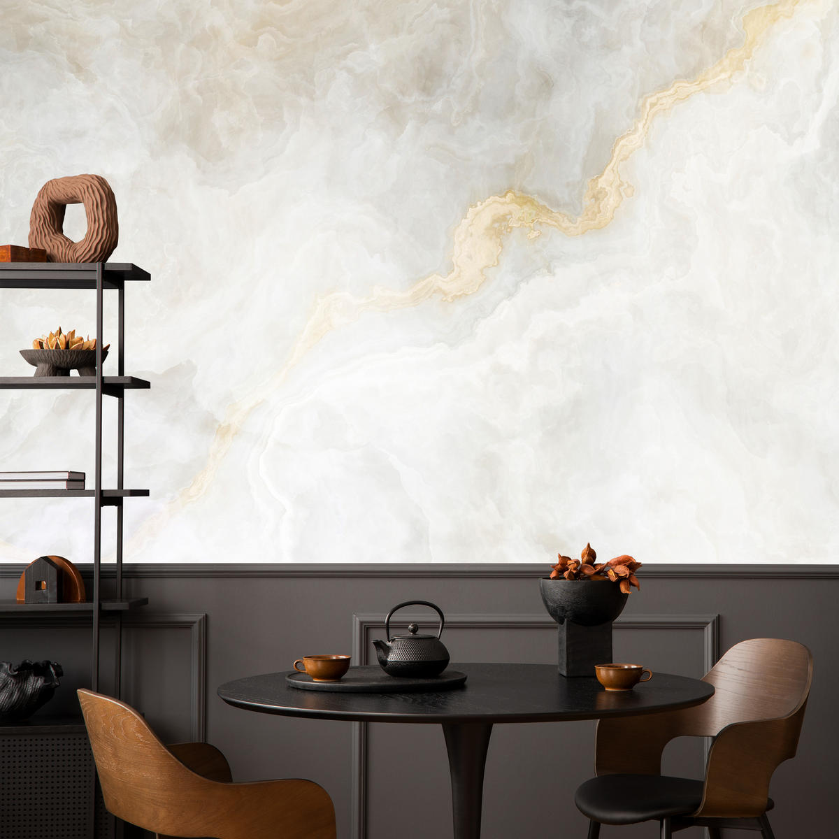 FOTOTAPETE für Wohnzimmer Zarter Marmor Goldakzente 300x210 - Beige/Goldfarben, Papier (300/210cm) - Muralo