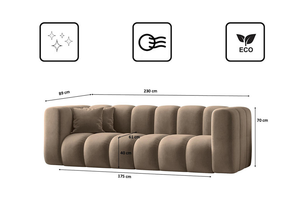 COUCH Dreisitzer-Sofa Grand Modular Stoff Salvador Dunkelbeige - Cappuccino, Holz (230/70/91cm) - Kaiser Möbel