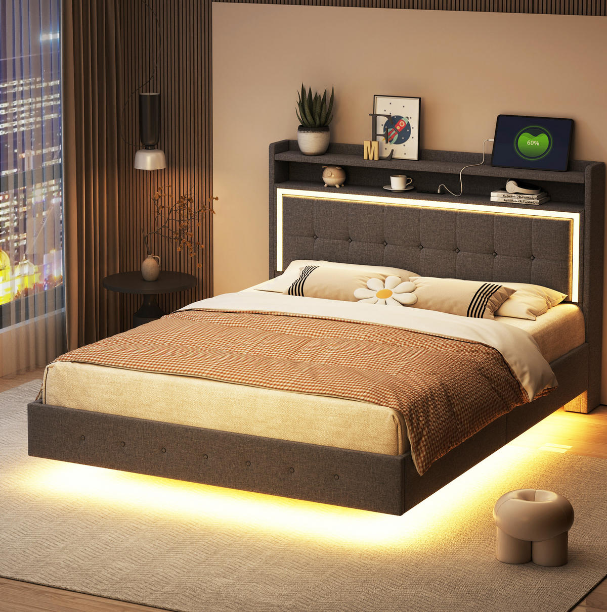 POLSTERBETT 140/200 cm mit LED-Beleuchtung und USB, gepolstertem Kopfteil - Grau, Textil (140/200cm) - BEAOK