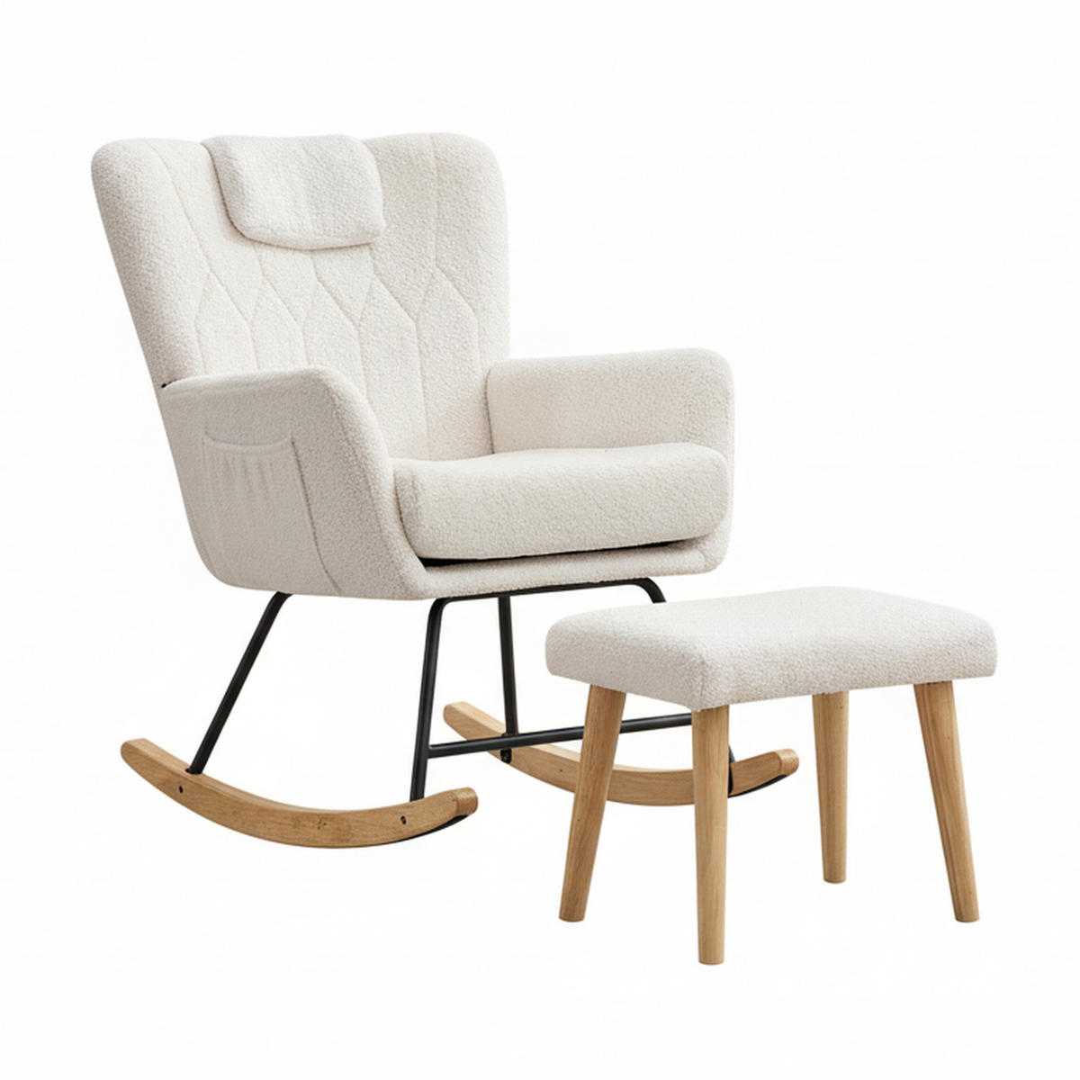 SCHAUKELSTUHL Weiß Teddy mit Fußhocker & Holzrahmen 30° Schaukelfunktion - Beige/Sonoma Eiche, Holzwerkstoff/Buchenholz (65/87/88cm) - Urban Meuble