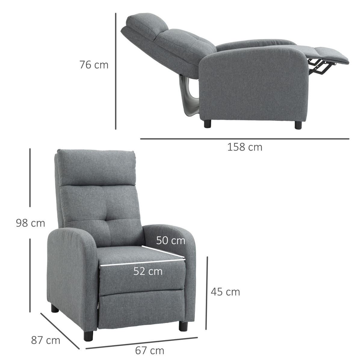 RELAXSESSEL 67/87/98 cm in Grau mit Liegefunktion und Taschenfederkern - Grau, Textil (87/98/67cm) - Flora Grace