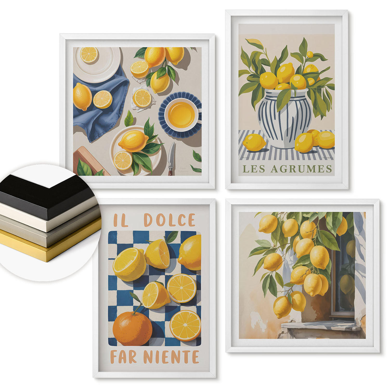 WANDBILDER 4er-Set - 50x50 cm & 40x60 cm Weißer Rahmen - Retro gelbe Zitrusfrüchte - Weiß, Kunststoff (50/50cm) - ArtPrintCave