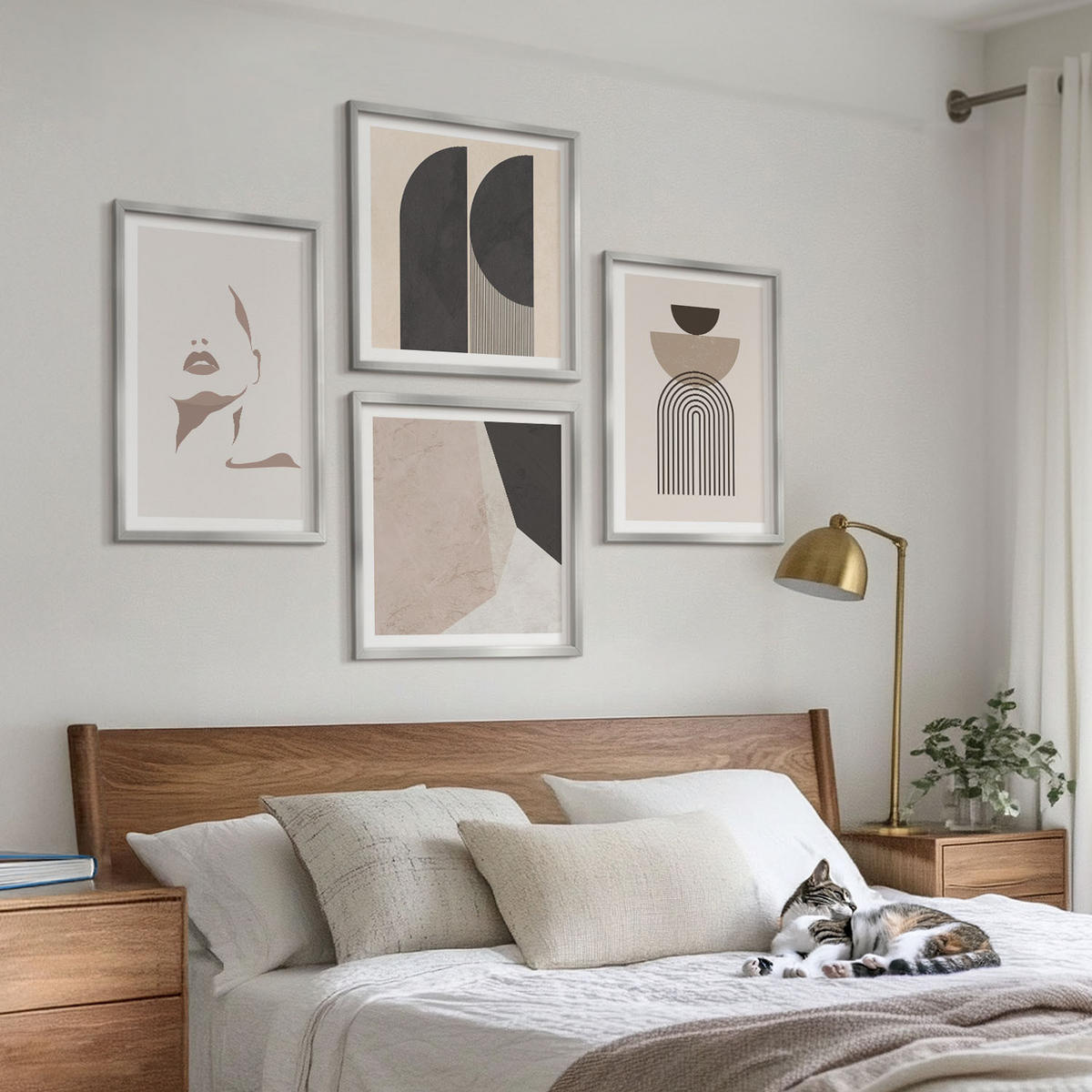 WANDBILDER 4er Set - 50x50 cm & 40x60 cm Silberner Rahmen - Abstrakte weiß-braune Muster - Silberfarben, Kunststoff (50/50cm) - ArtPrintCave