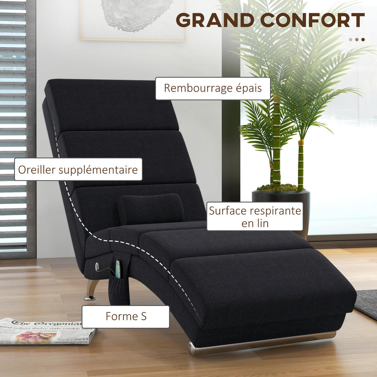 RELAXSESSEL, Ergonomisch, massierend, beheizt, Fernbedienung, 56x168x84cm, Schwarz - Multicolor, Holzwerkstoff (56/84/168cm) - FORIOUS
