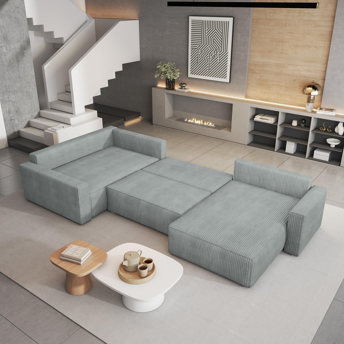 WOHNLANDSCHAFT VELAMI L-S Hellgrau Kordstoff mit Schlaffunktion - Hellgrau, Holz (365/83/194cm) - MASSENO