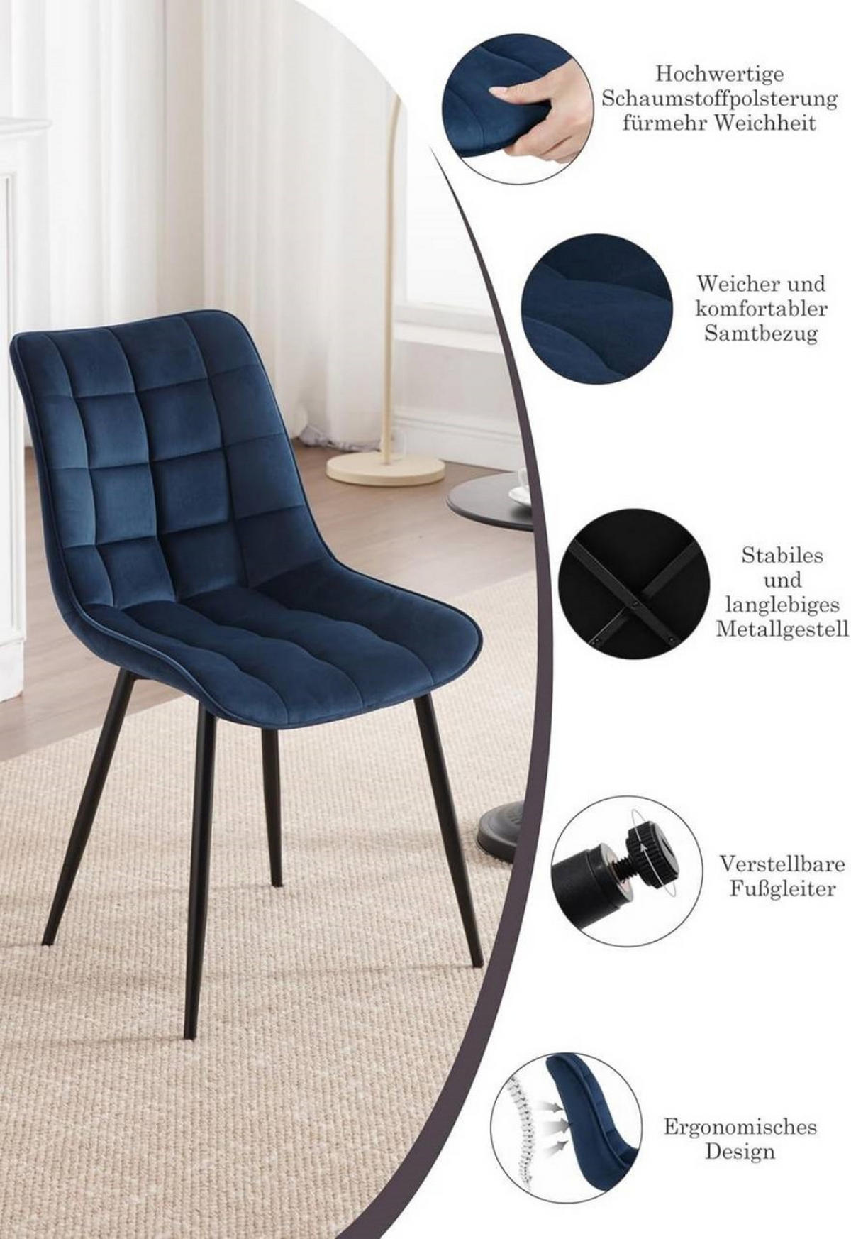 ESSZIMMERSTUHL 4er Set, Samt, Metallbeine, Blau - Blau/Schwarz, Textil/Metall (46/85.5/40.5cm) - Woltu