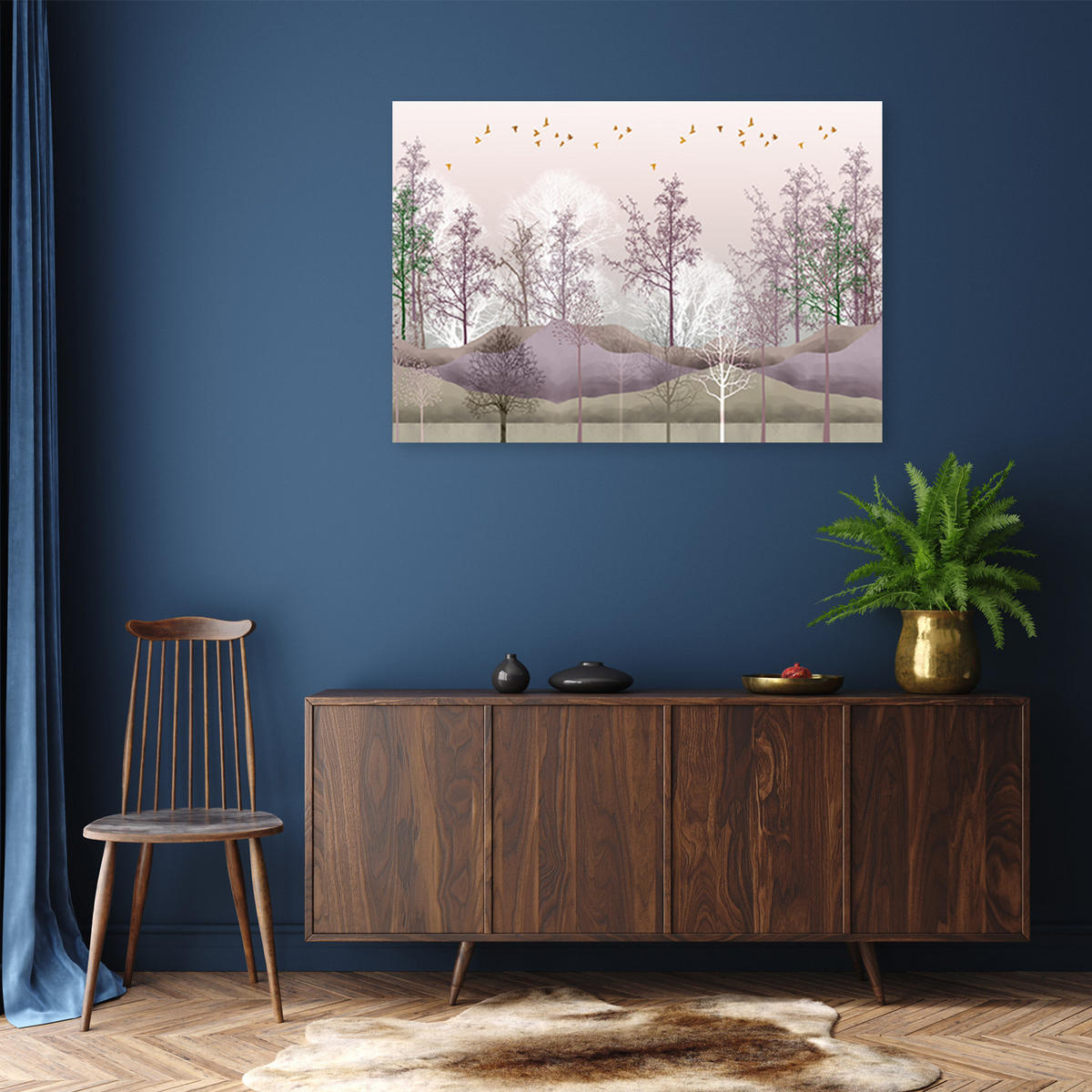 WANDBILD vögel über dem wald - Pink, Textil (60/40cm) - Feeby