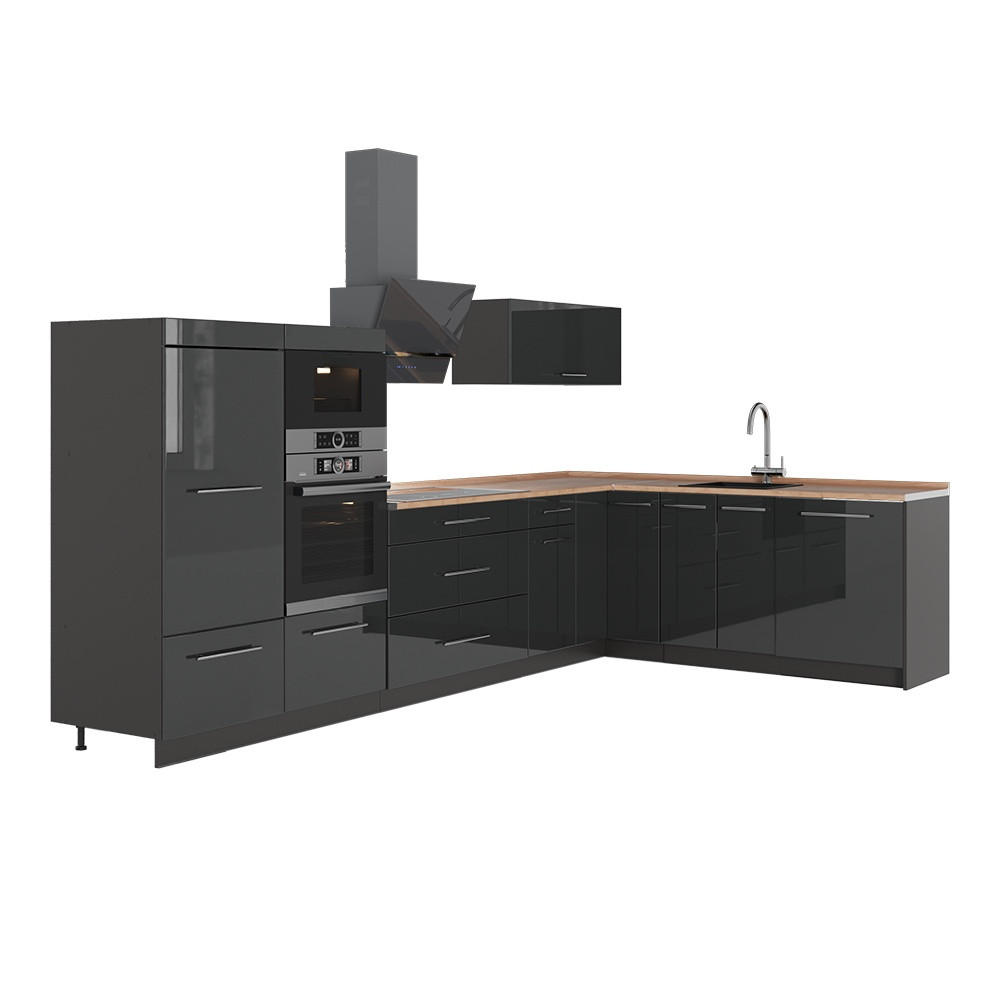 ECKKÜCHE Fame-Line, Anthrazit Hochglanz/Anthrazit, 347 x 207 cm, AP Eiche - Schwarz Hochglanz/Anthrazit, Holzwerkstoff (347/153.6/60cm) - Vicco