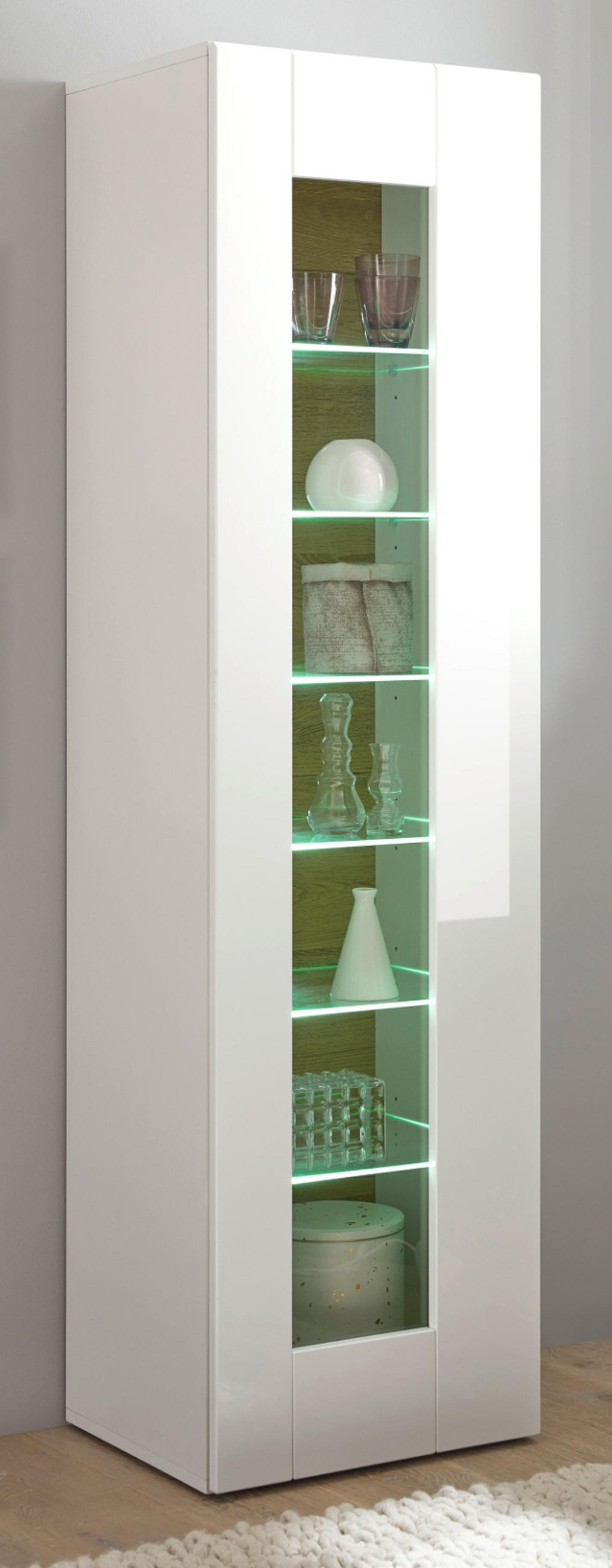 VITRINE weiß Hochglanz, Grandson Eiche, Vitrinenschrank hängend, stehend 45 x 166 cm - Weiß Hochglanz/Eichefarben, Holzwerkstoff (45/166/38cm) - Furn.Design