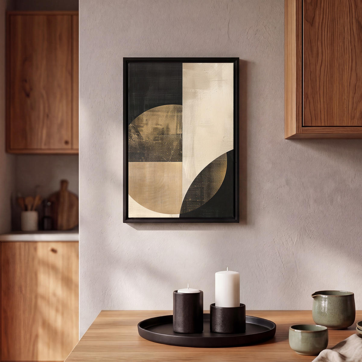 LEINWAND Bilder mit Rahmen - Abstrakt - Geometrische Formen - Schwarz - Gold - 20x30 - Ecru, Textil (20/30cm) - MuchoWow
