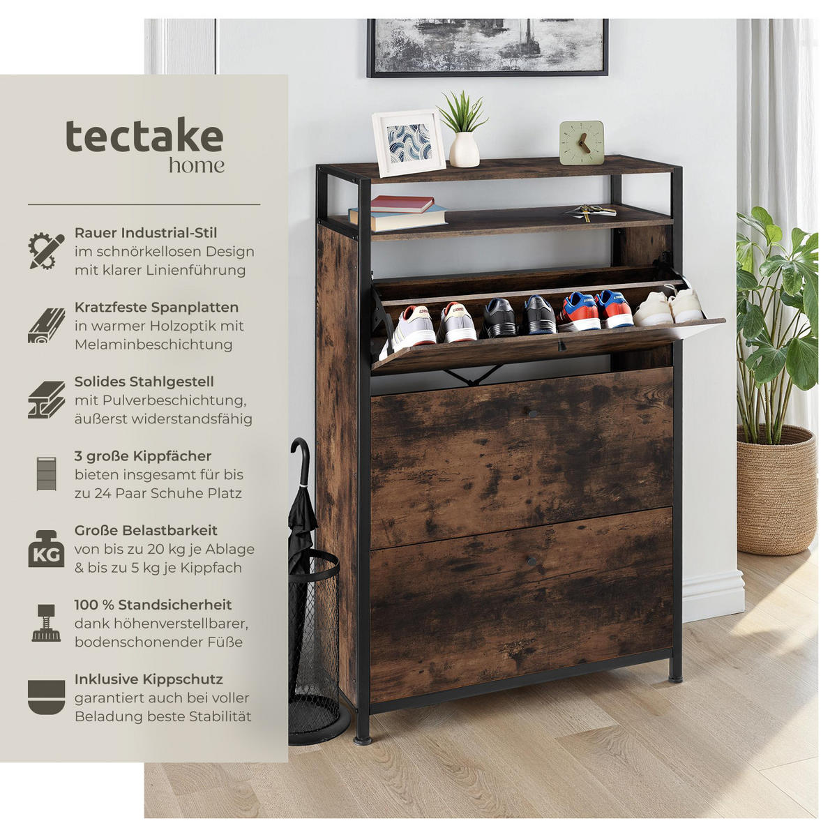 SCHUHSCHRANK Buffalo,inklusive Kippschutz, 81 x 32 x 130 cm,Industrial Holz dunkel, rustikal - Rostfarben, Holzwerkstoff (32/130/81cm) - tectake