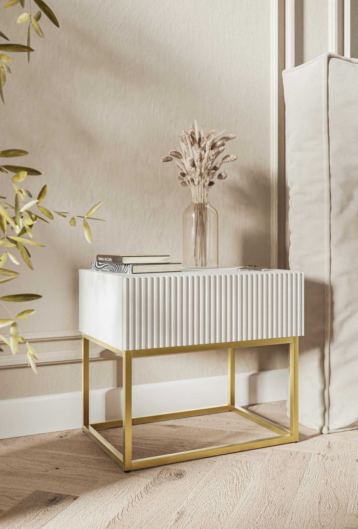 NACHTSCHRANK Veldio Weiß mit goldenen Metallbeinen 50 cm - Goldfarben/Weiß, Holzwerkstoff/Metall (50/44/35.6cm) - Selsey