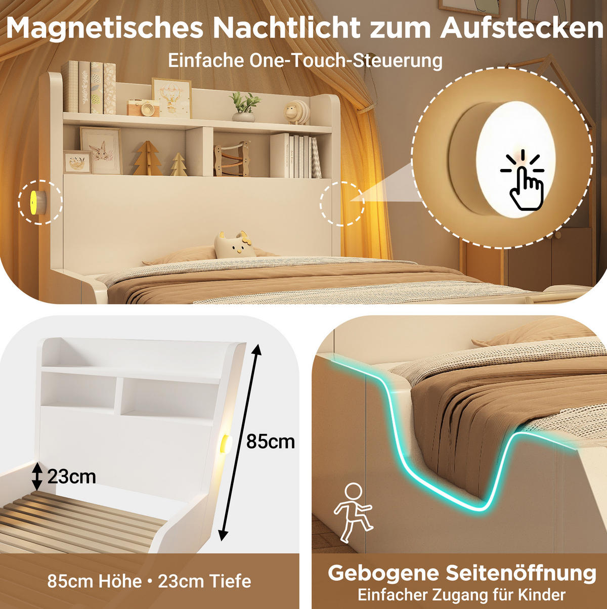 KINDEREINZELBETTEN aus Holz 90x200 cm in Weiß mit Nachtlichtern & Bücherregal - Weiß, Holz (90/200cm) - Modfu