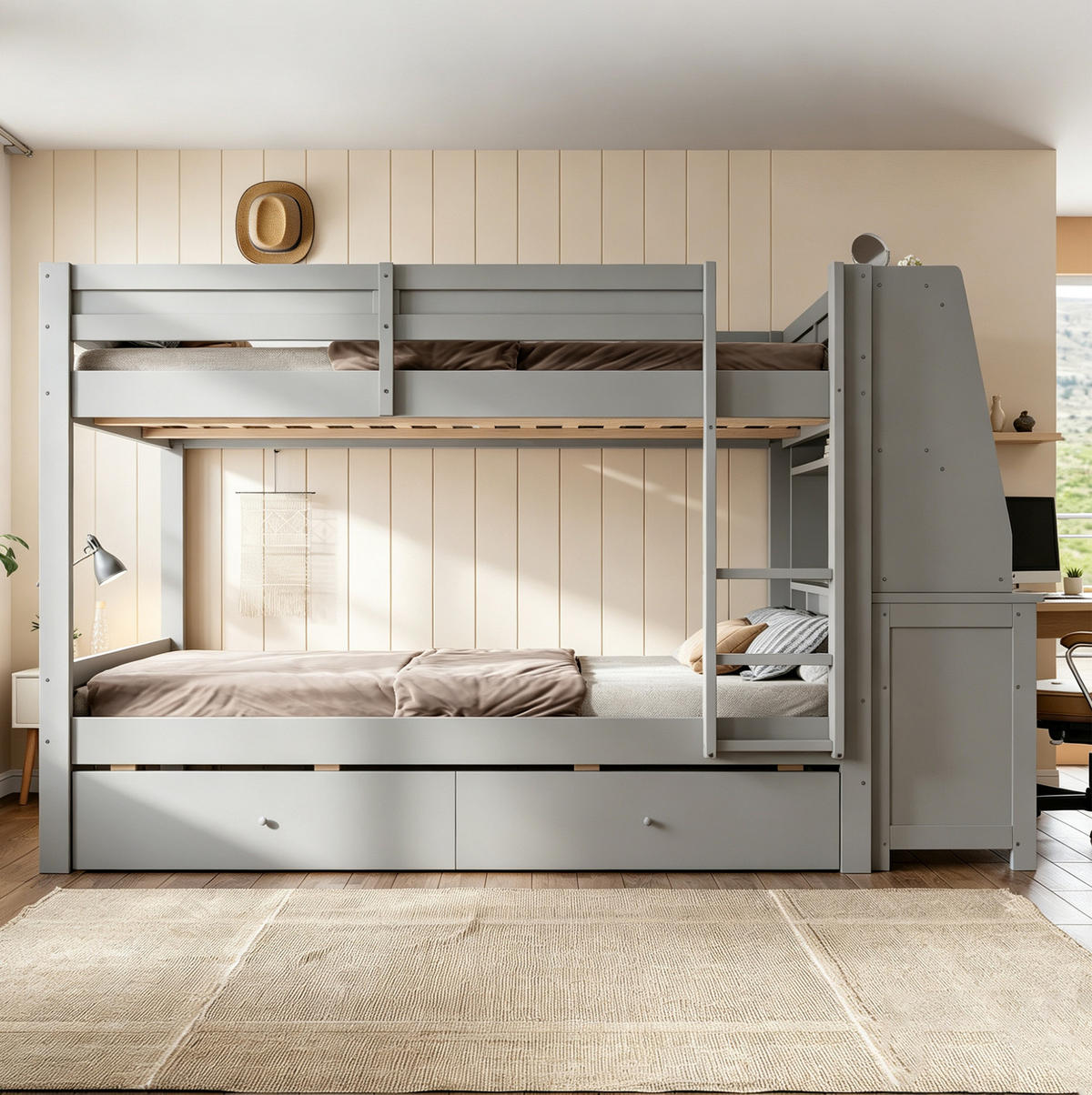 ETAGENBETT aus Holz 140x200 cm Grau mit Schreibtisch, Stauraum, Schubladen und Sicherheitsgeländer - Grau, Holz (140/200cm) - Modfu