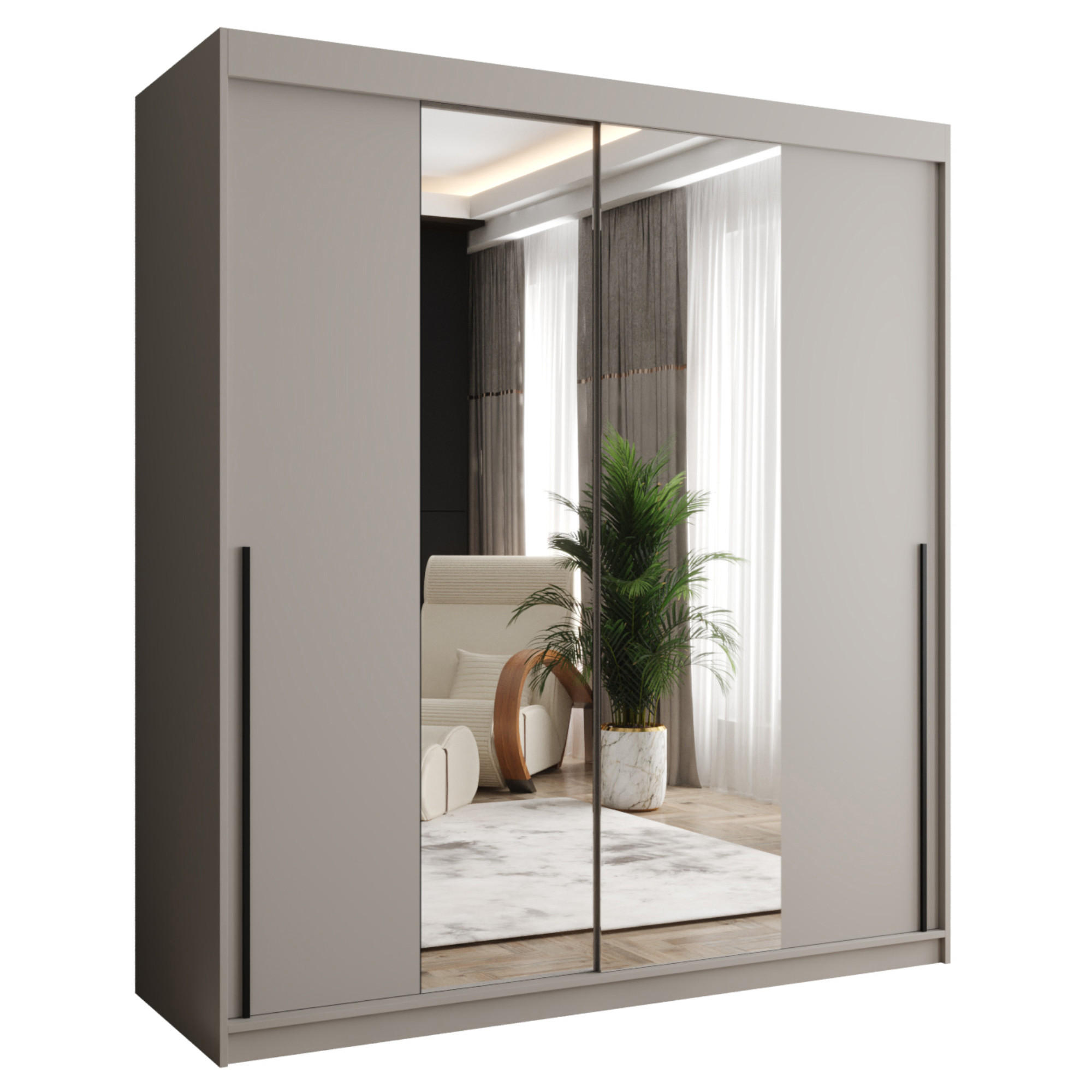 SCHIEBETÜRENSCHRANK mit Spiegel 180 cm Breite Kaschmir mit schwarzem Griff - Kaschmir/Schwarz, Holzwerkstoff (180/200/62cm) - Home Collective