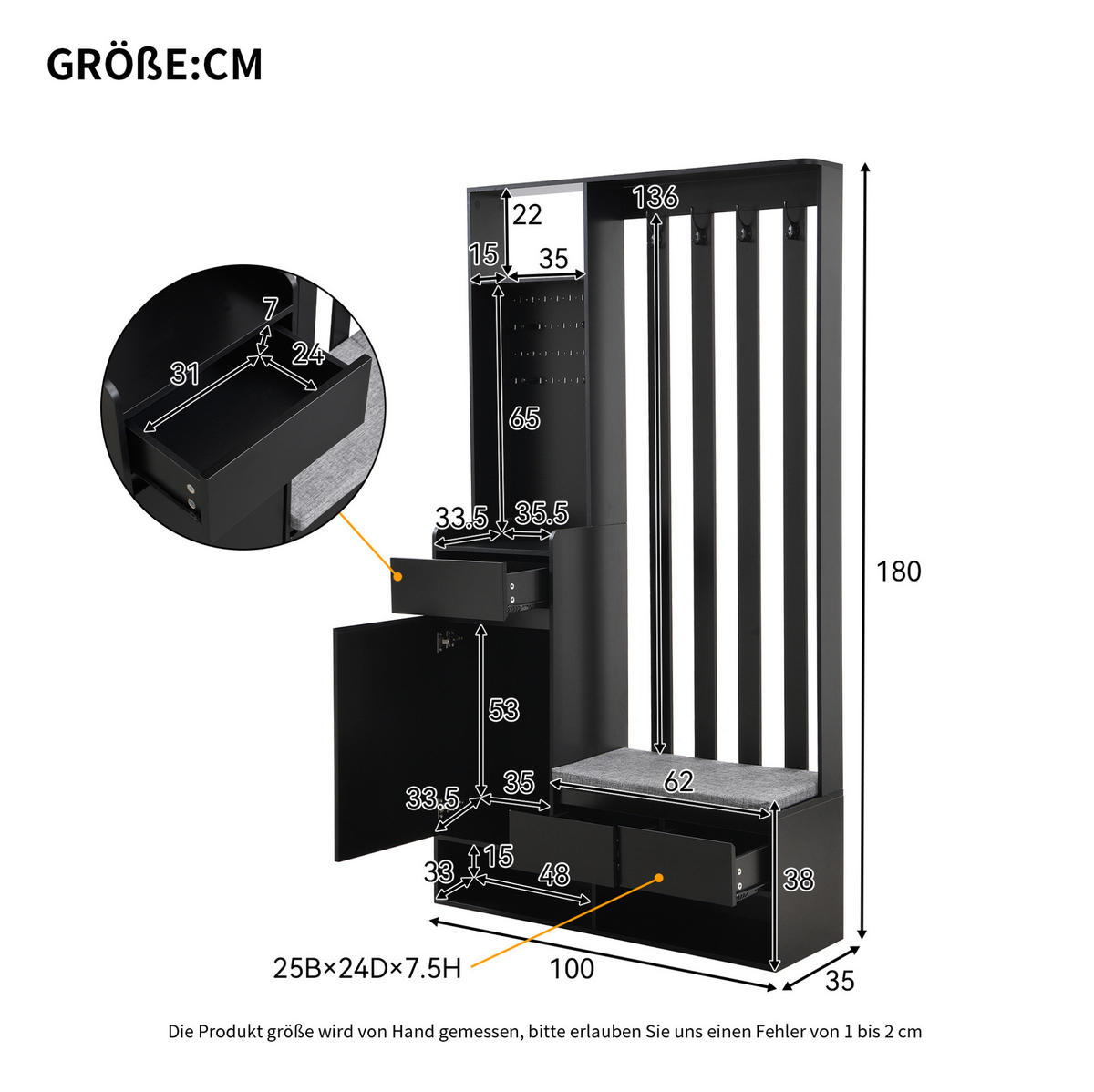 GARDEROBE 100/180/35 cm Schwarz aus MDF mit Sitzbank und Stecktafel - Schwarz, Holzwerkstoff (35/180/100cm) - OKMYHOME