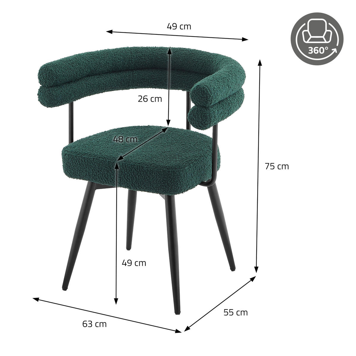 JÍDELNÍ ŽIDLE otočné, sada 6 ks, tmavě zelená, látka Teddy - černá/tmavě zelená, kov/textil (63/75/55cm) - ML-DESIGN