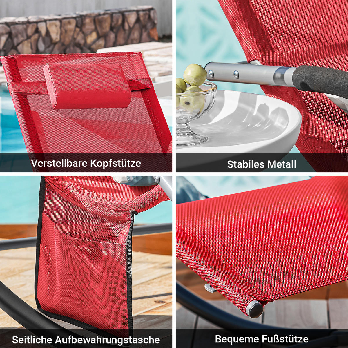 SONNENLIEGE 2er Set Rot - Rot, Metall (63/83/150cm) - SoBuy