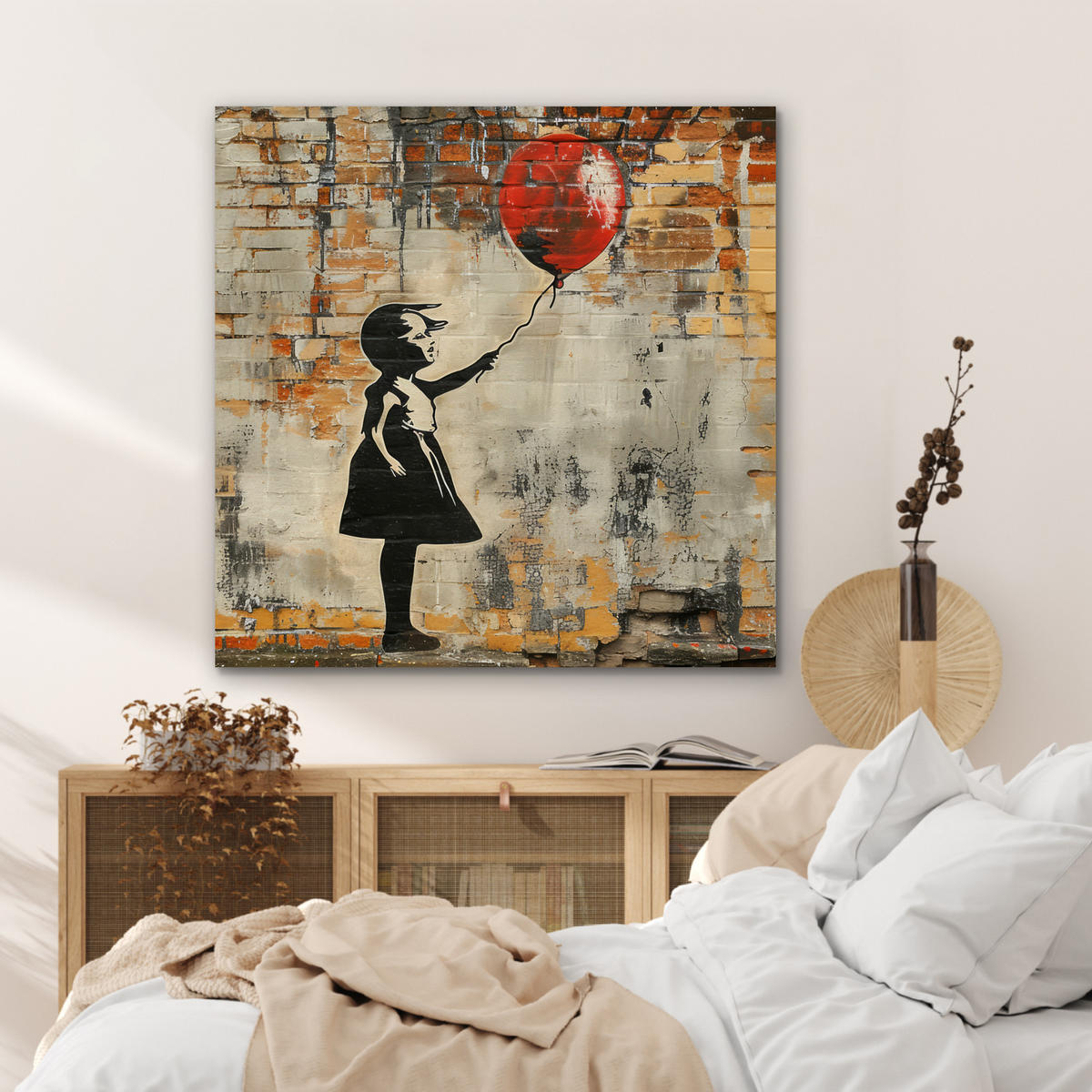 KOVOVÝ OBRAZ Graffiti - Banksy - Dievča - Street art 90x90 cm - piesková, kov (90/90cm) - MuchoWow