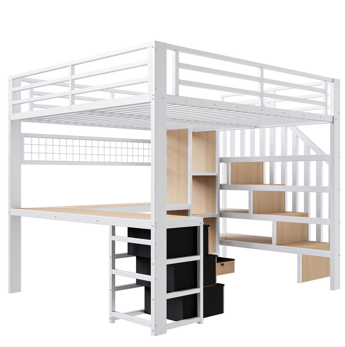 HOCHBETT aus Metall und MDF 140x200 cm Weiß mit LED-Lichtleiste, Schreibtisch und Stauraum - Weiß, Metall (140/200cm) - Modfu