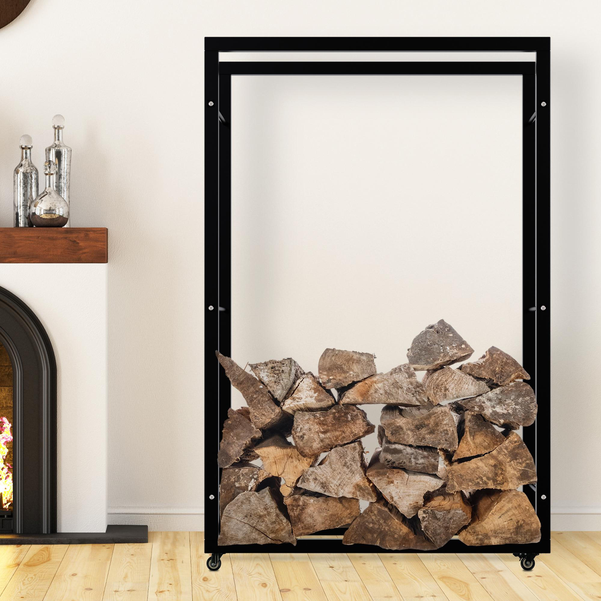 KAMINHOLZREGAL innen Metall SATLO Kaminholzständer mit Rollen Schwarz 25x100x150 cm - Schwarz, Metall (100/150/25cm) - DELUKE