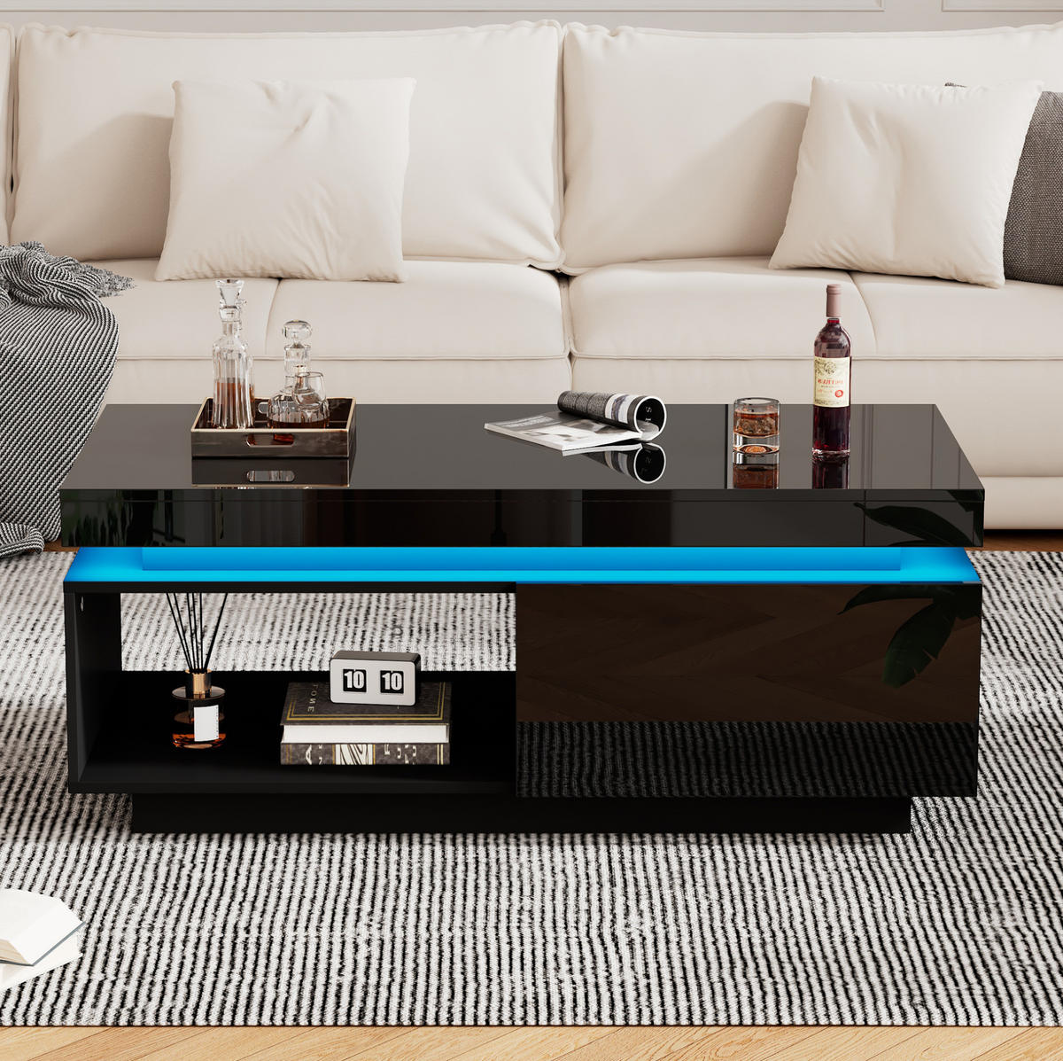 COUCHTISCH aus Spanplatte 100x50x40,3 cm Schwarz mit Hochglanzoberfläche, LED-Beleuchtung und Schublade - Schwarz, Holzwerkstoff (100/50/40.3cm) - IVMEU