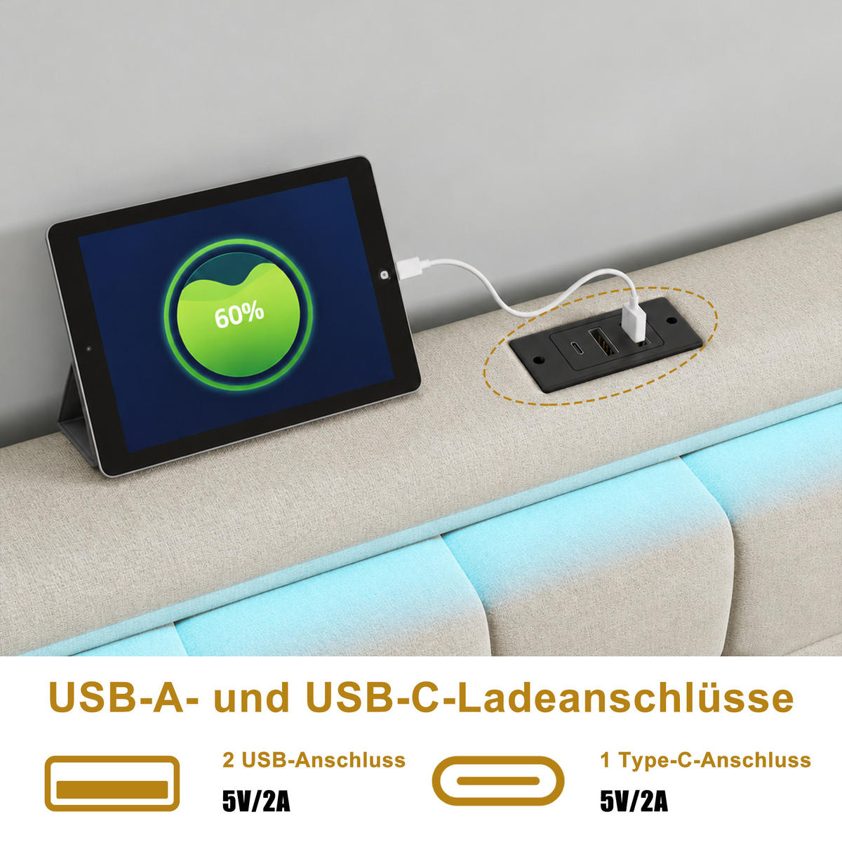 POLSTERBETT 140x200 cm,Doppelbett 140x200 mit 4 Schubladen, LED und Ladefunktion - Beige/Naturfarben, Holz/Textil (140/200cm) - PARAFTA HOME