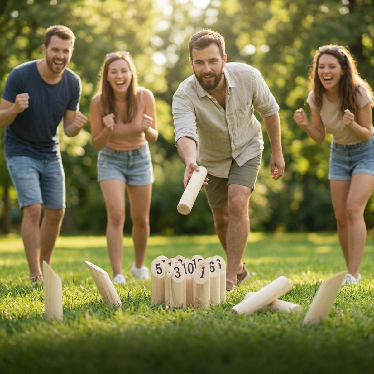 IGRA Prirodna Kubb od borovine 13-dijelna s torbom - svijetlo smeđa, drvo/tekstil (5/5cm) - Relaxdays