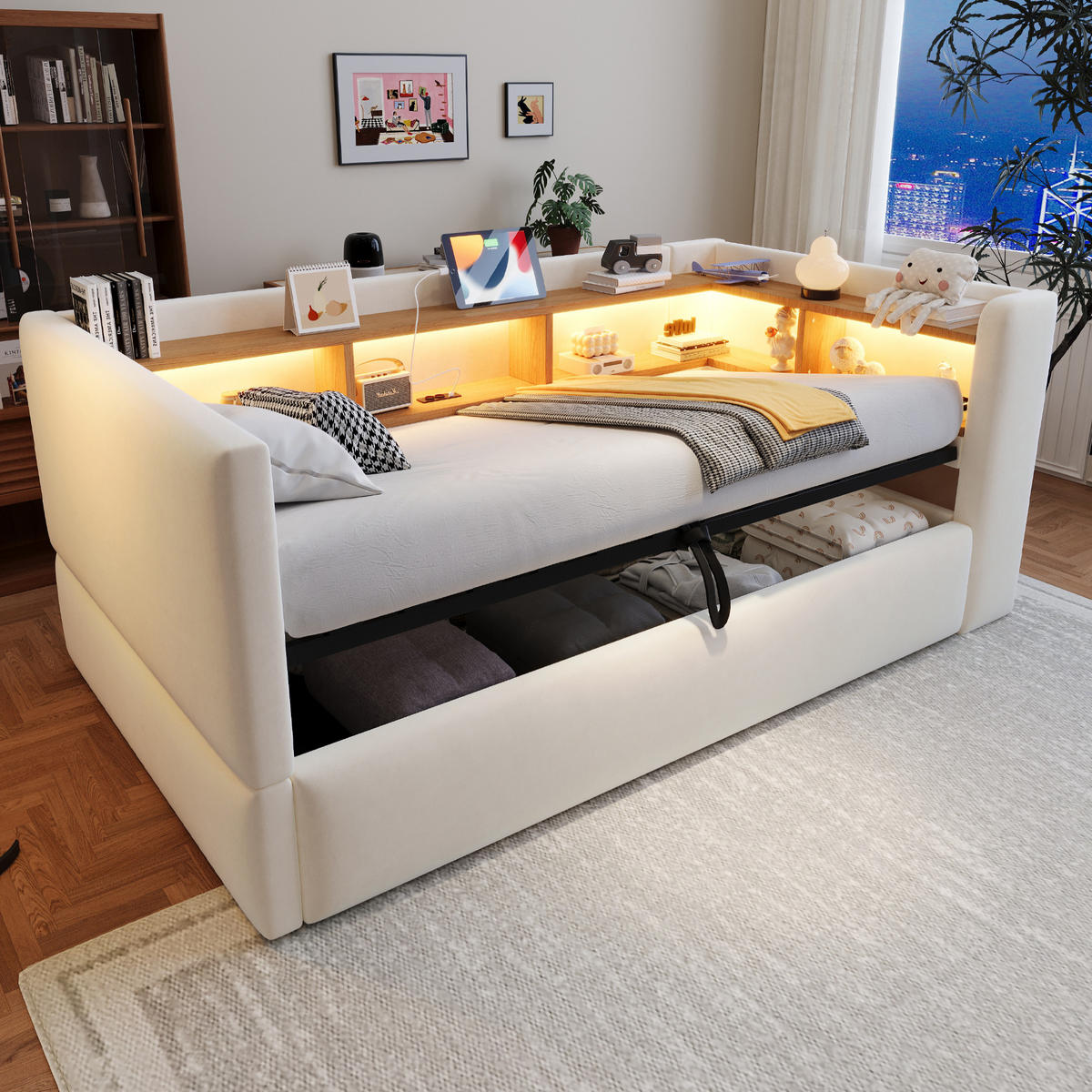 STAURAUMBETT 90/190 cm mit Hydraulik-Stauraum und LED, DE-41685, in Beige - Beige, Metall (90/190cm) - ComfortXL