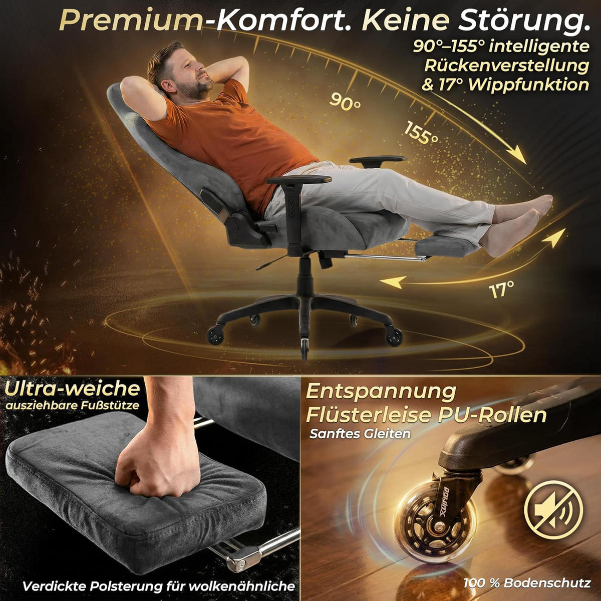 GAMING-STUHL Mikrofaser-Velours Verstellbarer Bürostuhl mit Fußstütze - Grau, Leder (70/128/70cm)