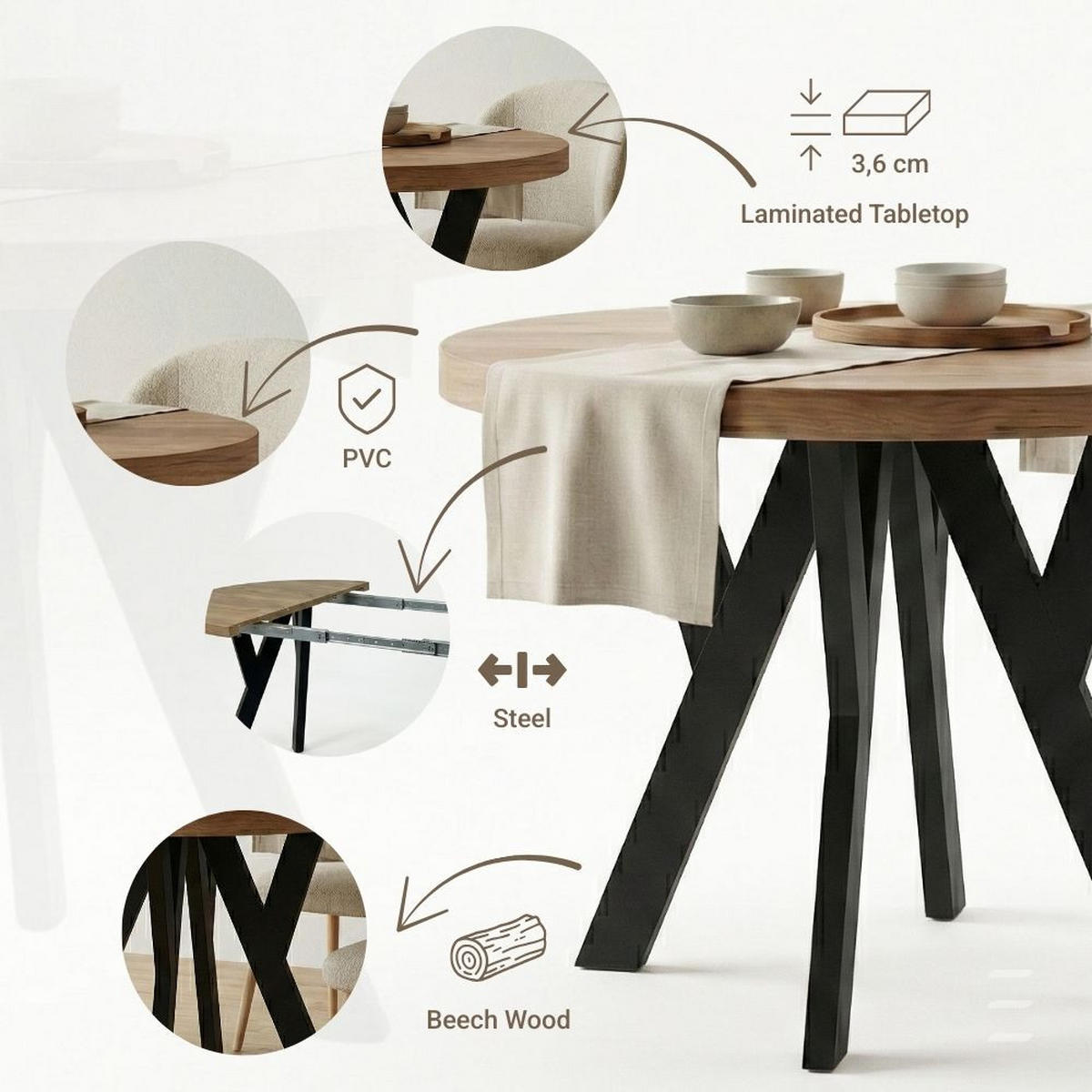 ESSTISCH Runder Ausziehbarer PERO 90/190, Eiche Artisan / Schwarz - Schwarz/Eiche Artisan, Holz (190/90/77cm) - Dekori_Interiors