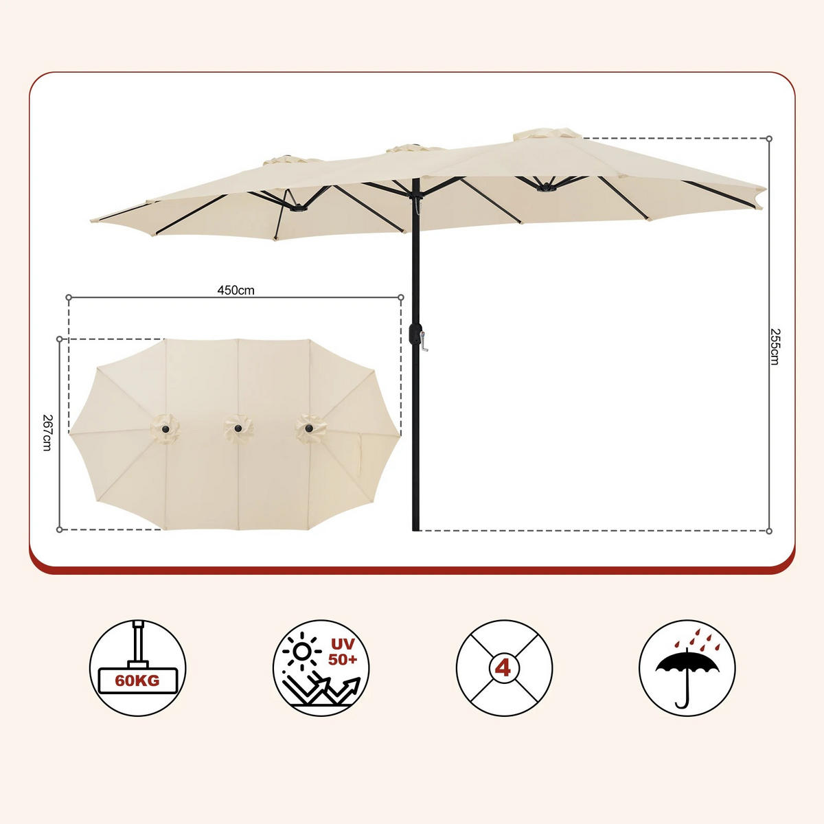 SONNENSCHIRM Kurbel Beige 450x267 cm - Beige, Textil/Metall (450/267cm) - Kaket