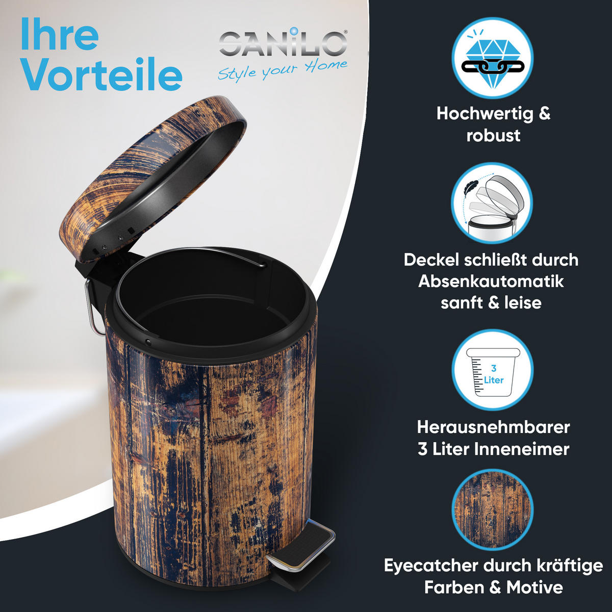 KOSMETIKEIMER Vintage - Schwarz/Braun, Kunststoff/Metall (17/25/25cm) - Sanilo