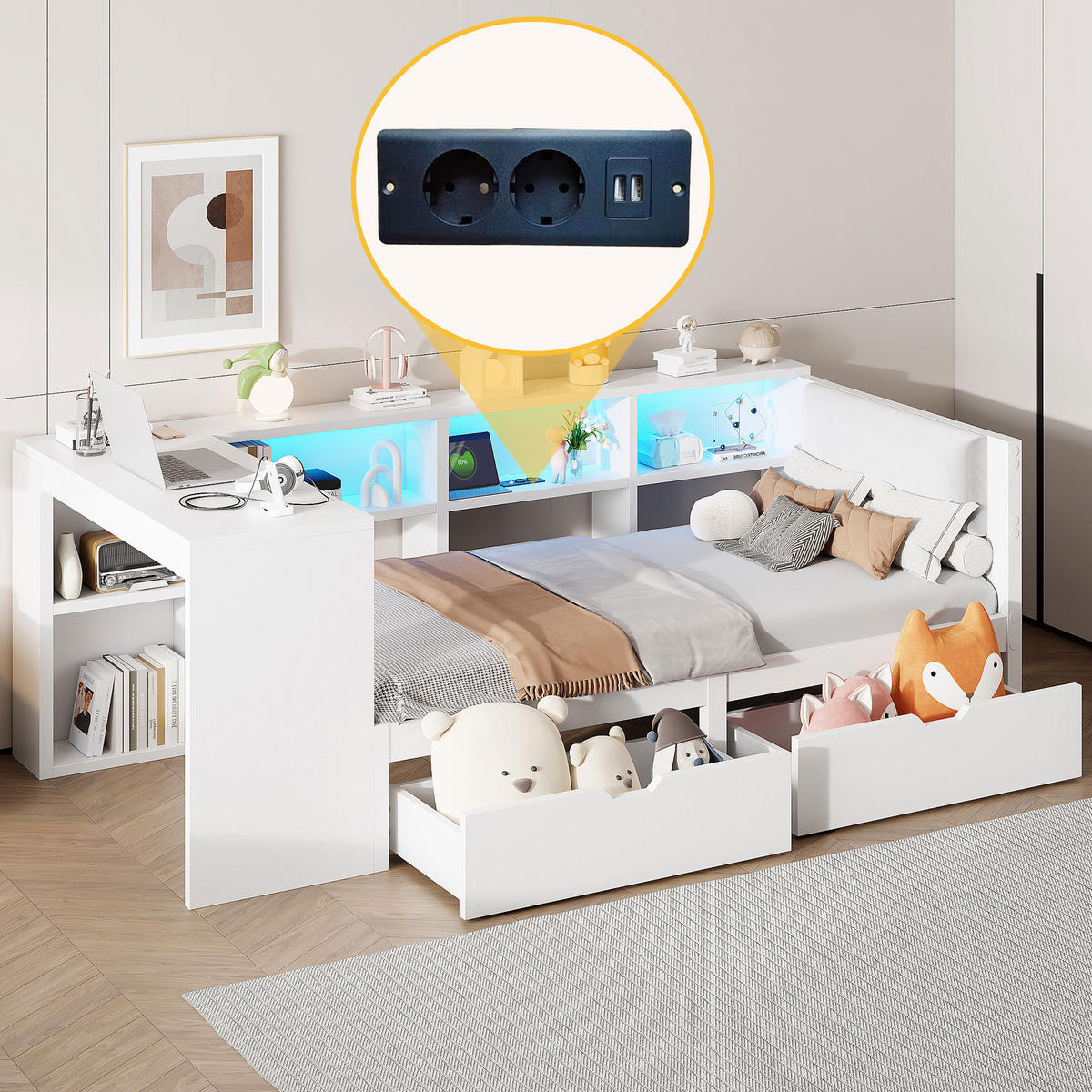 MULTIFUNKTIONSBETT 90/200 cm Weiß mit LED-Beleuchtung Ladestation Stauraum und gepolstertem Kopfteil - Weiß, Holzwerkstoff (90/200cm) - OKWISH