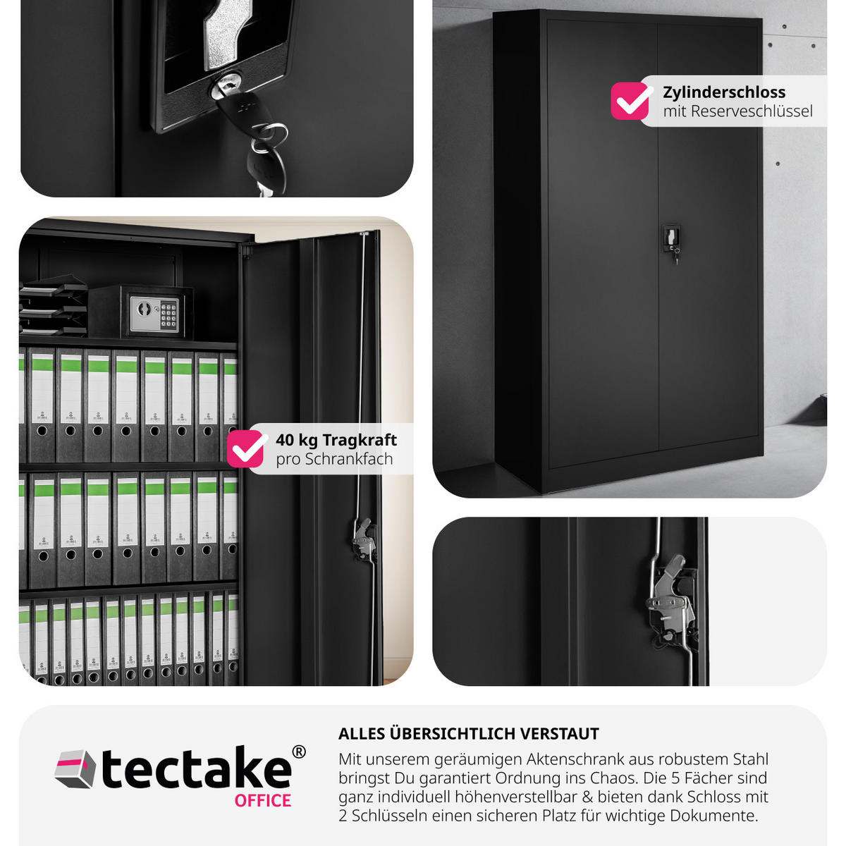 AKTENSCHRANK Blain,180 x 80 x 40 cm,schwarz - Schwarz, Metall (40/180/80cm) - tectake