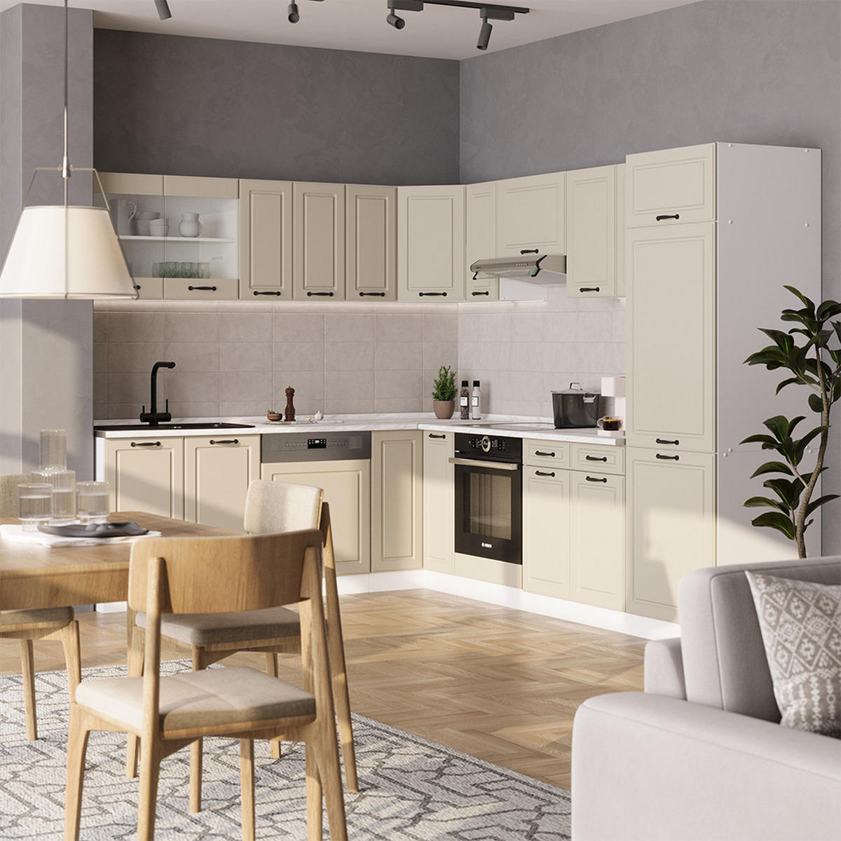 ECKKÜCHE R-Line, Sand Landhaus/Weiß, 287 x 227 cm - Beige/Weiß, Holzwerkstoff (287/206.8/60cm) - Vicco