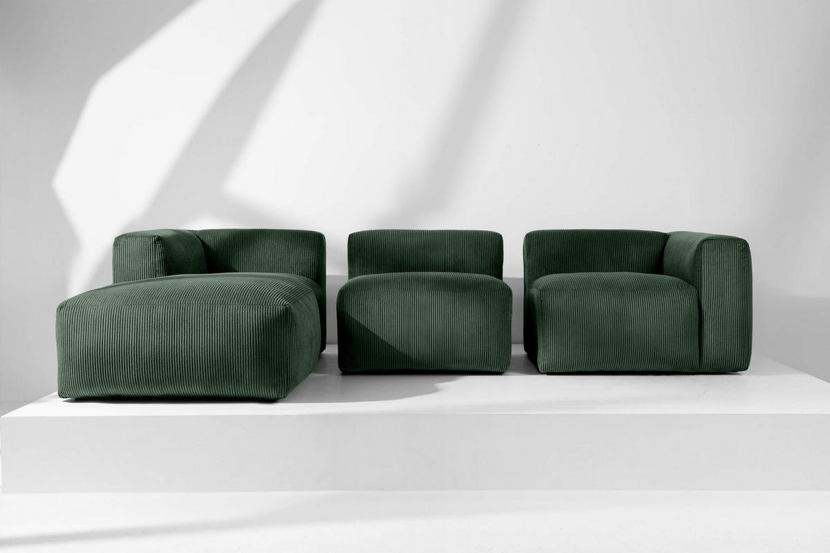 ECKMODULSOFA-LINKS BUFFO mit extrem weicher und bequemer Sitzfläche, Kordstoff, dunkelgrün - Dunkelgrün, Textil (297/180cm) - KONSIMO®