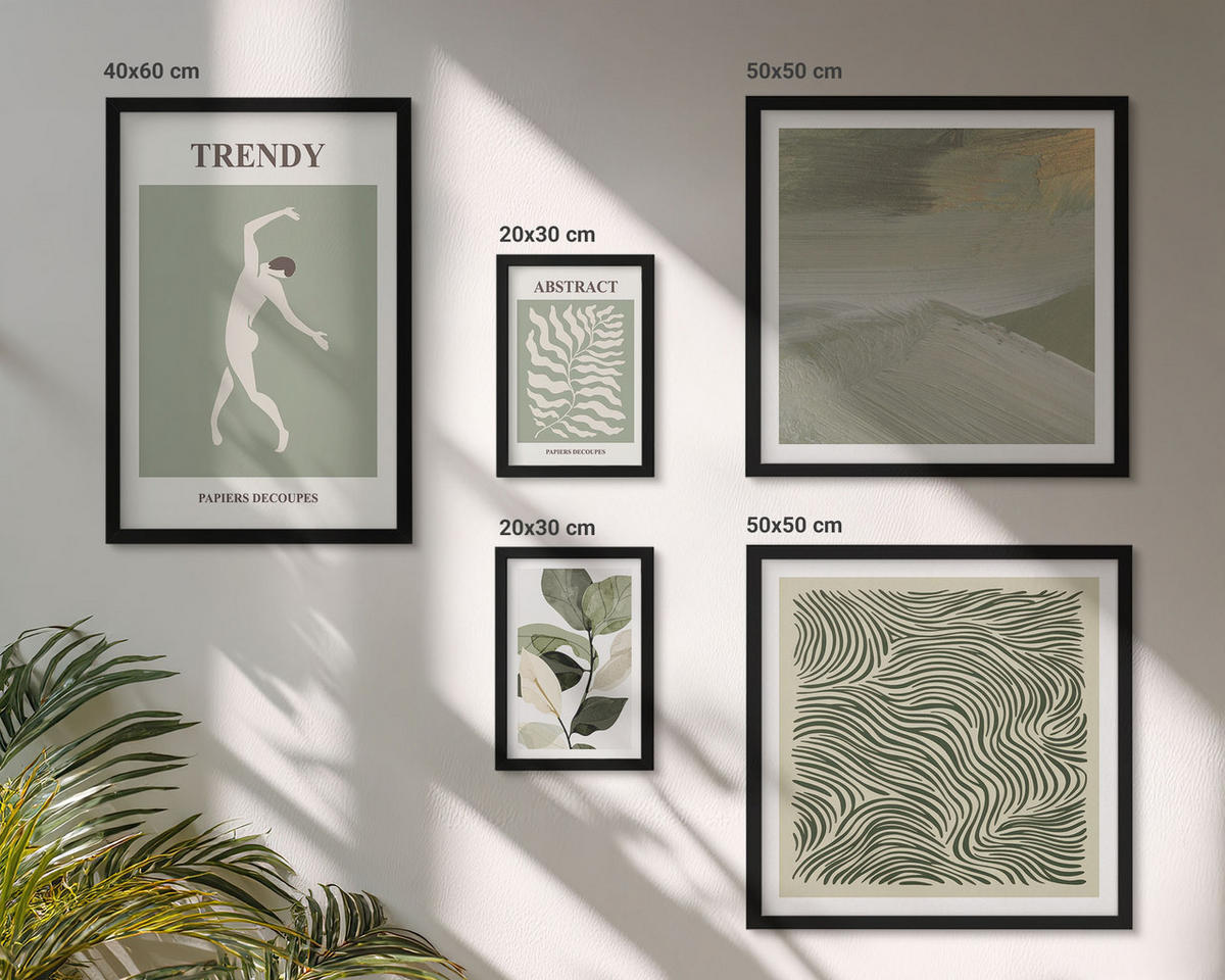 BILDER SET 5er Set - 50x50 cm & 20x30 cm & 40x60 cm Schwarzer Rahmen - Abstrakte Pflanzenmuster - Schwarz, Kunststoff (40/60cm) - TULUP