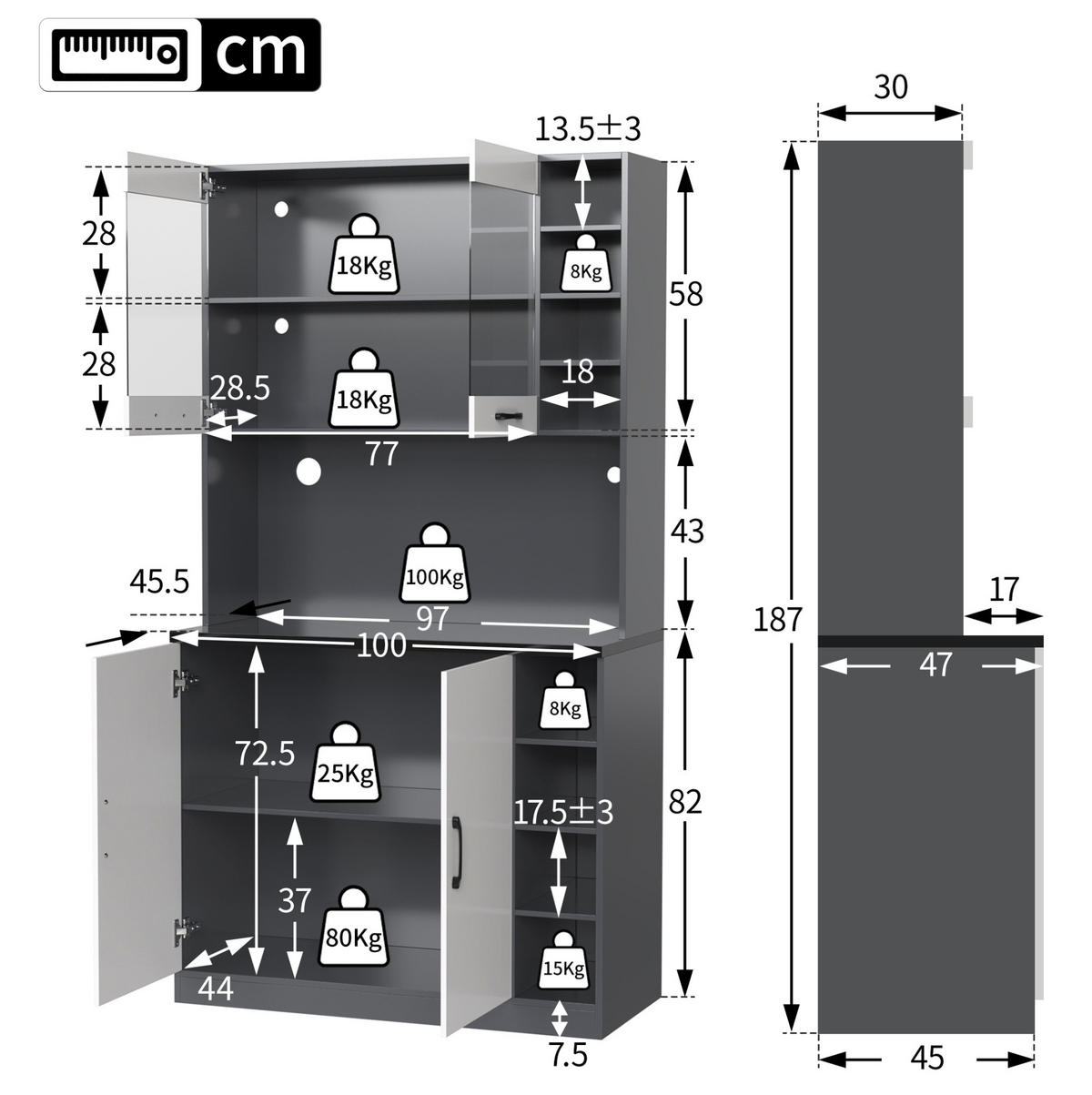 BUFFET 100/187/47 cm Grau/Weiß aus MDF mit LED-Beleuchtung - Weiß, Holzwerkstoff (47/187/100cm) - OKMYHOME
