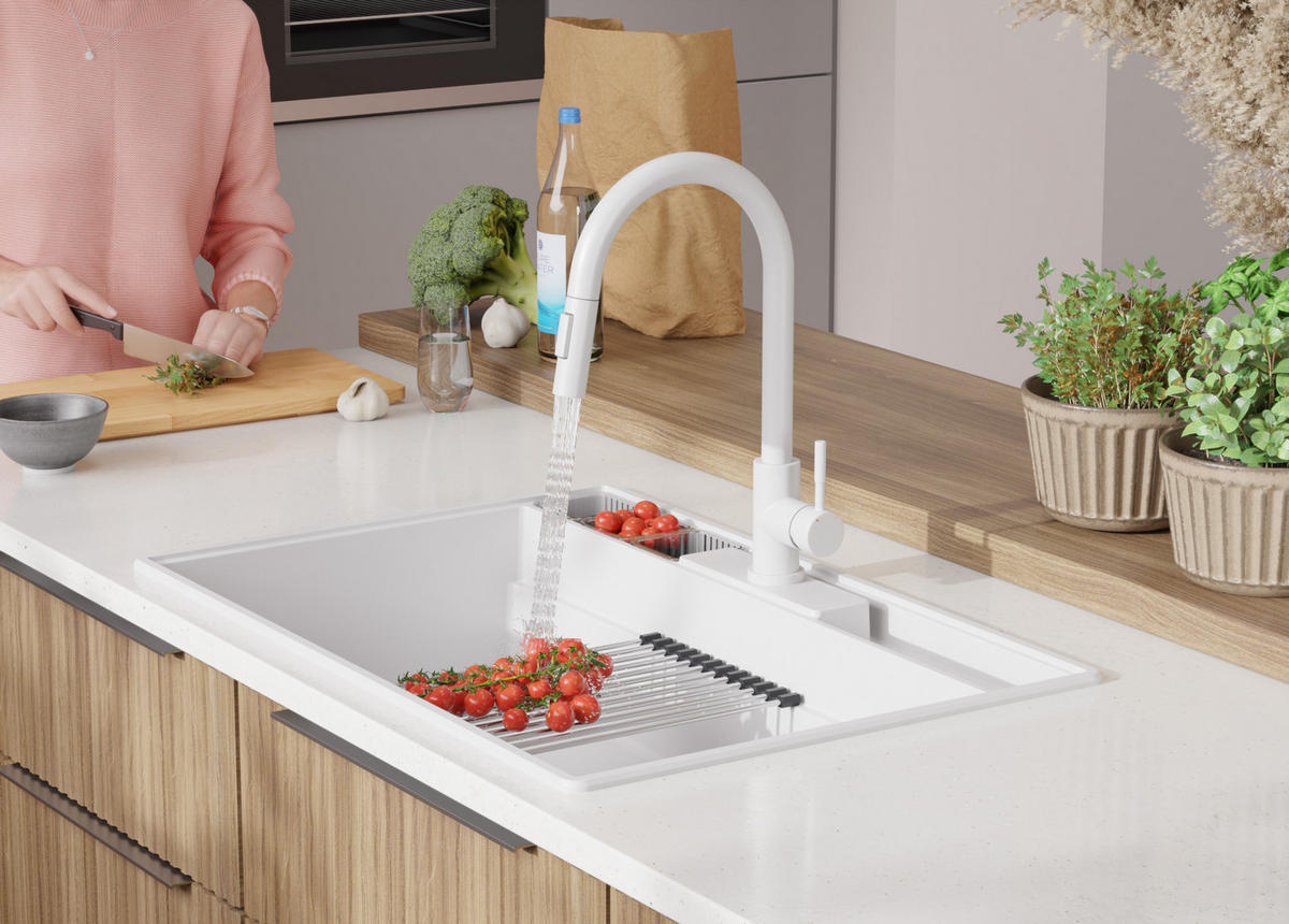SPÜLBECKEN New York, 2-er set Weiß 78/53 cm 1 Becken + Ablauf-Set + Küchenzubehörset ab 80er Unterschrank - Chromfarben/Beige, Kunststoff (78/20/53cm) - Primagran