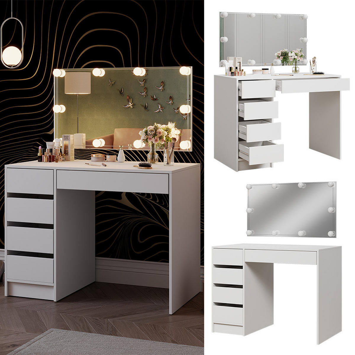 SCHMINKTISCH Thalia Weiß 100 cm mit LED Beleuchtung - Weiß, Holzwerkstoff (100/75.5/50cm) - Vicco