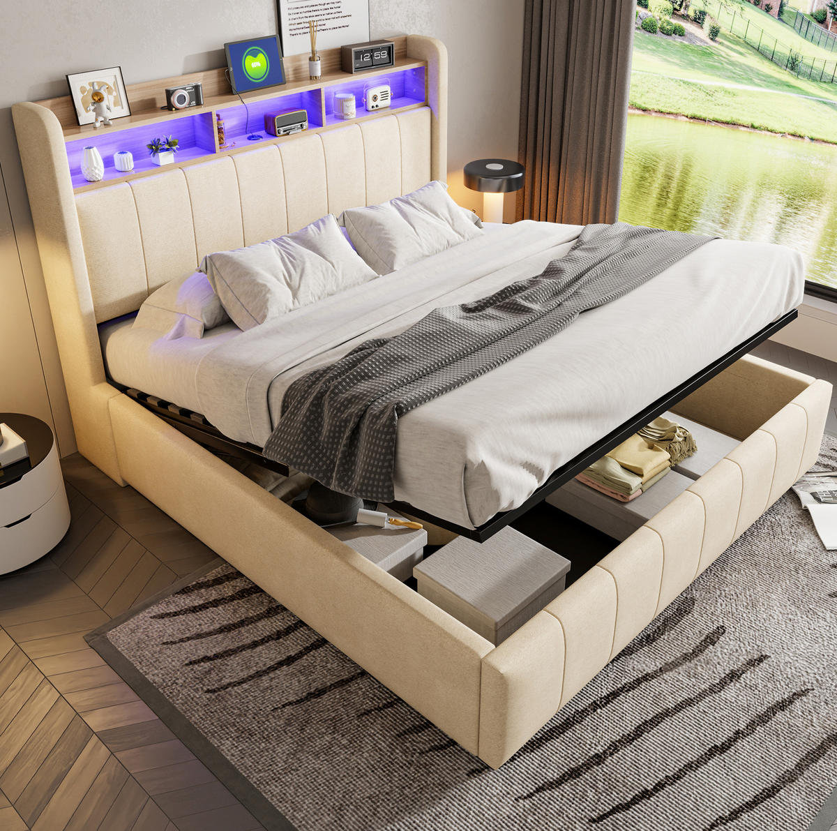 POLSTERBETT aus Leinenstoff 160x200 cm Beige mit LED, USB-C und hydraulischem Bettkasten - Beige, Textil (160/200cm) - IVMEU