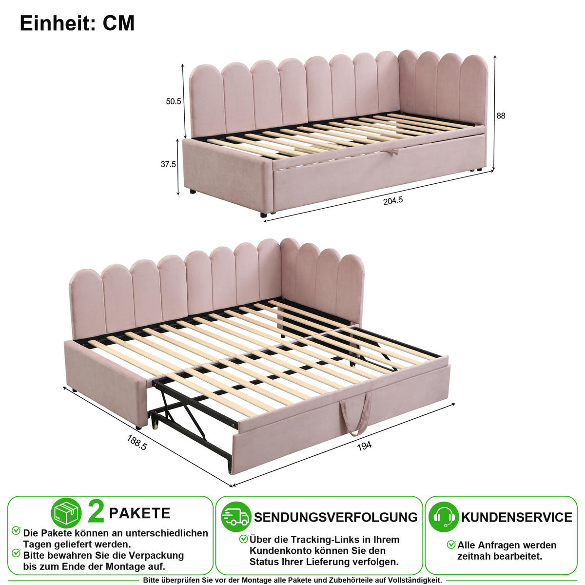 SCHLAFSOFA 90/200 cm & 90/200 cm in Rosa mit Ausziehbett Samt - Rosa, Holzwerkstoff/Textil (90/200cm) - CHICFURN