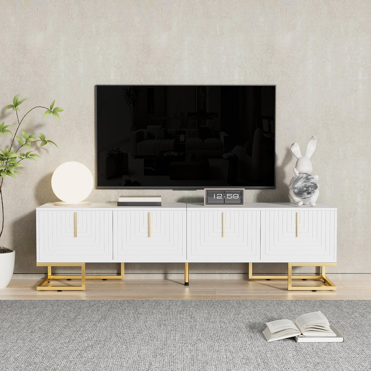 TV-ELEMENT170CM weißLowboard mit strukturierter Tür und goldenen Füßen - Weiß, Holz (52.98/22.99/60.68cm) - Raelunyi
