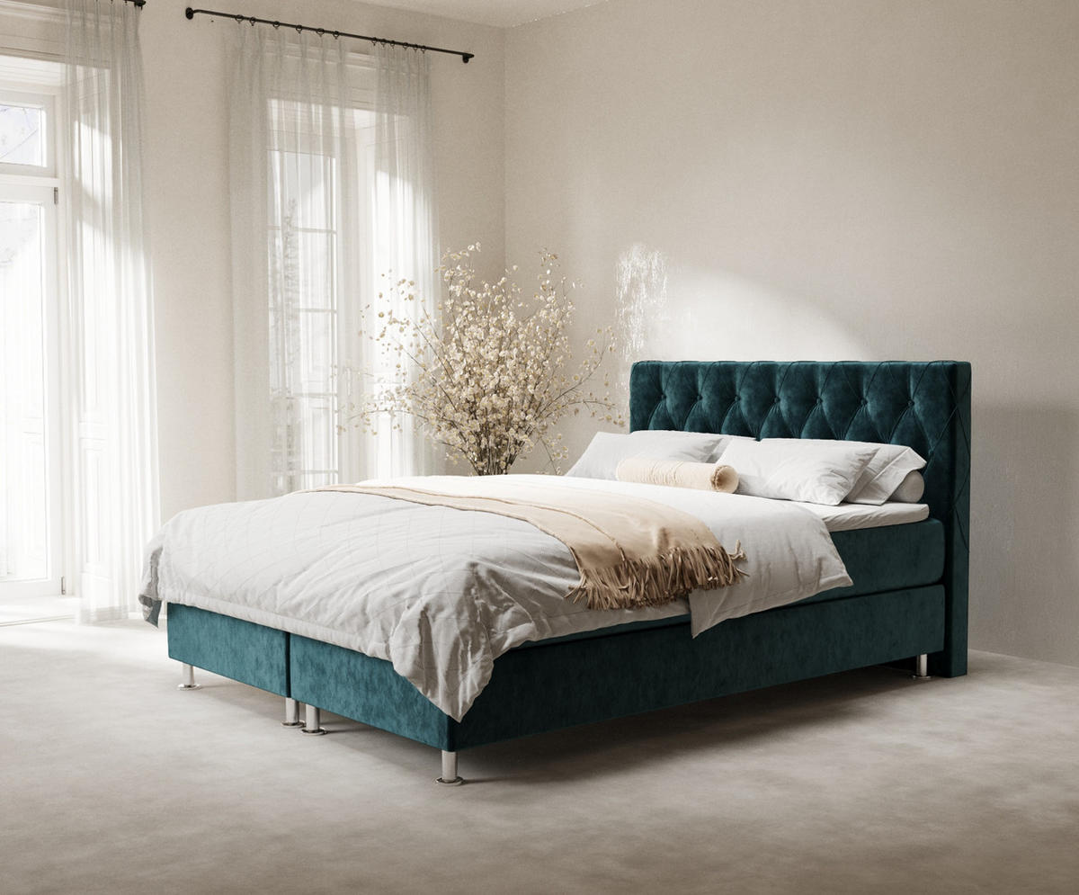 BOXSPRINGBETT Otus Türkisfarben 180/200 cm mit Latex-Topper - Türkis/Silberfarben, Holz/Holzwerkstoff (180/200cm) - Maison de Reve