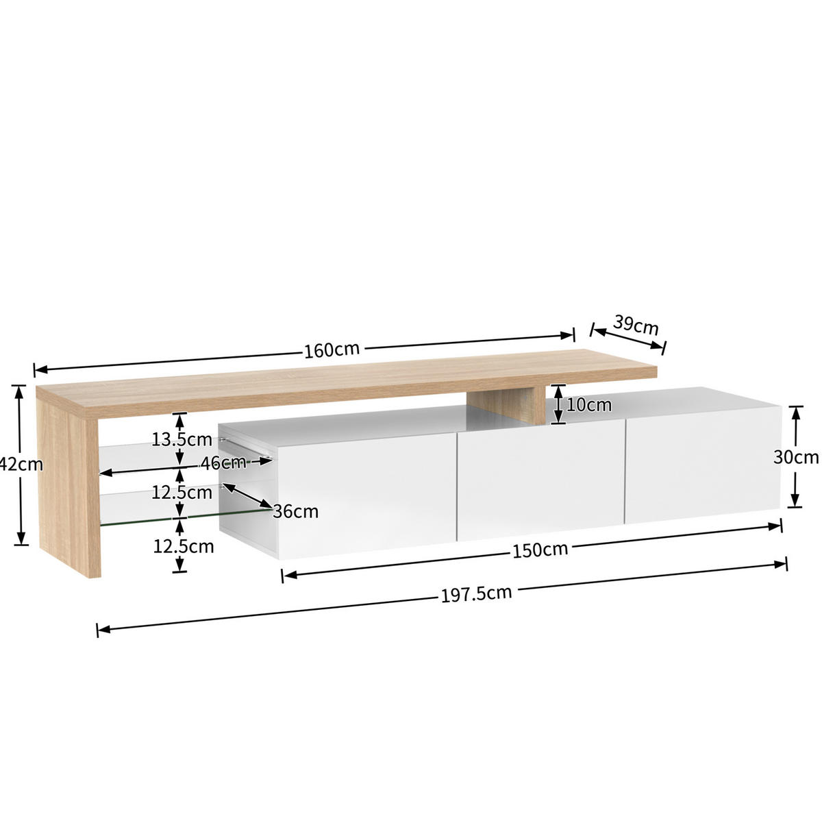 LOWBOARD 197,5/39/42 cm in Weiß/Natur mit LED-Beleuchtung und Glasböden - Weiß, Holzwerkstoff (197.5/42/39cm) - Flora Grace