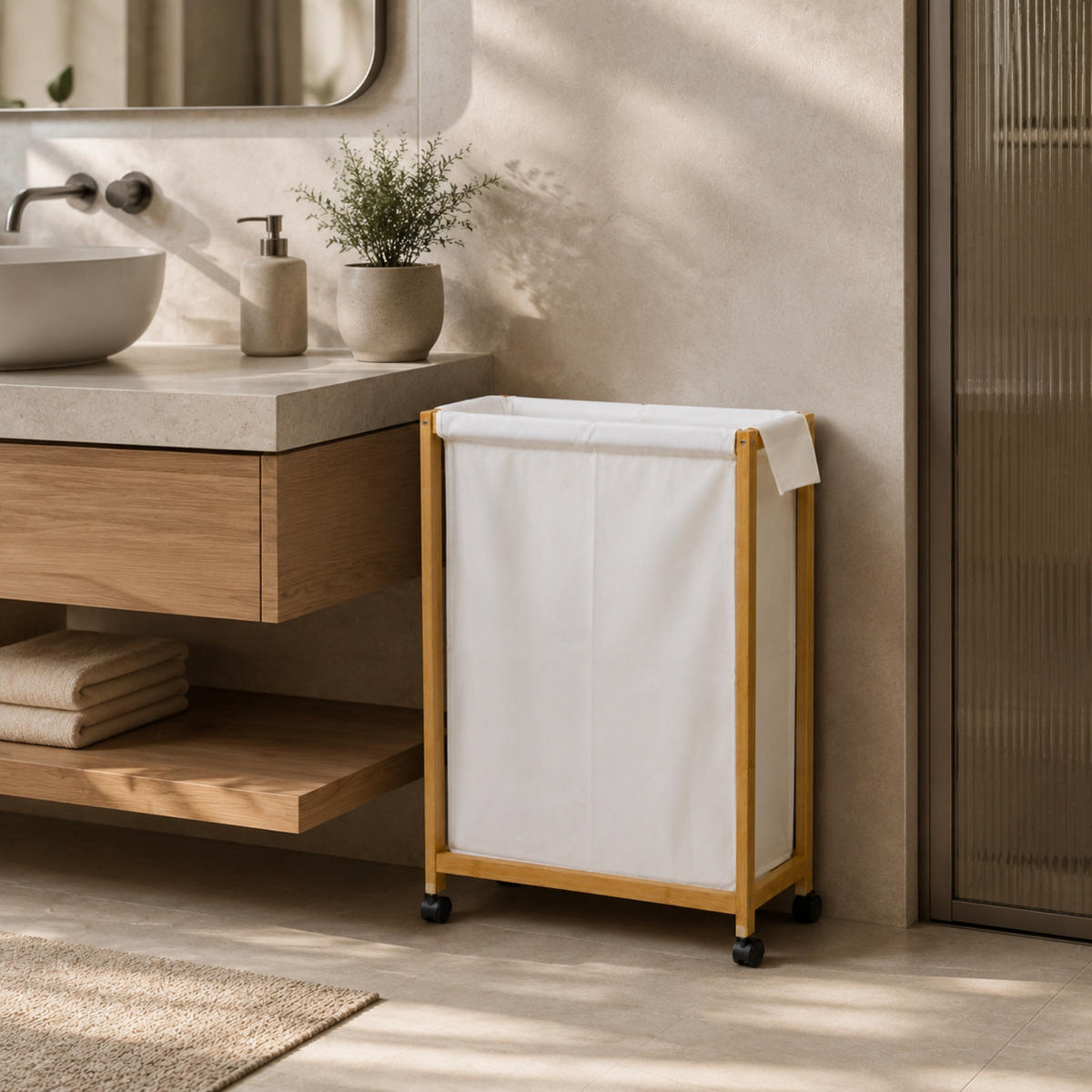 WÄSCHEKORB aus Bambus mit Rollen 55/28/80 cm - Beige, Naturmaterialien (28/80/55cm) - NUXIO